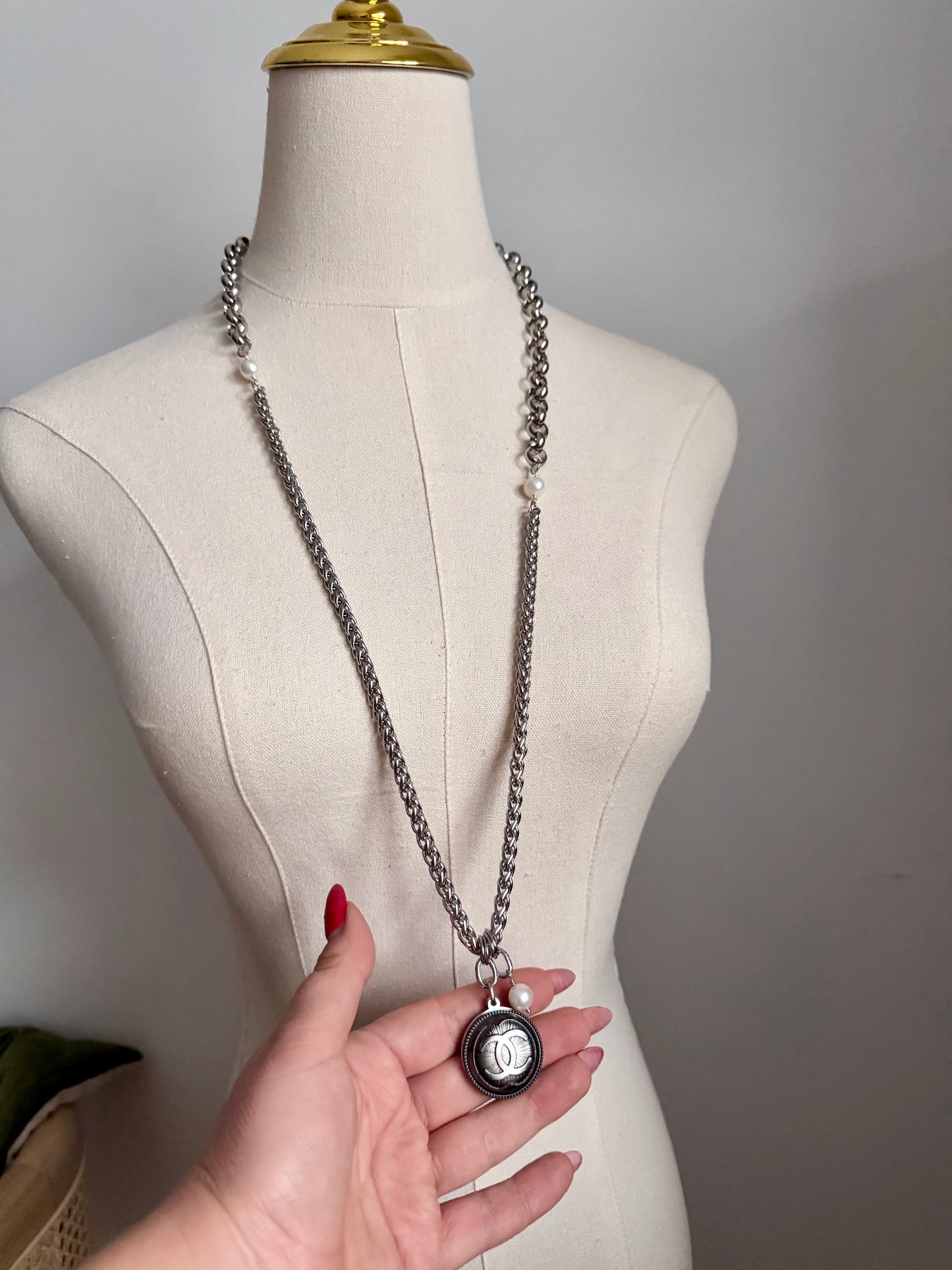🖤 HUGE ONE OF A KIND - Authentic Reworked silver Button Double wrap Necklace