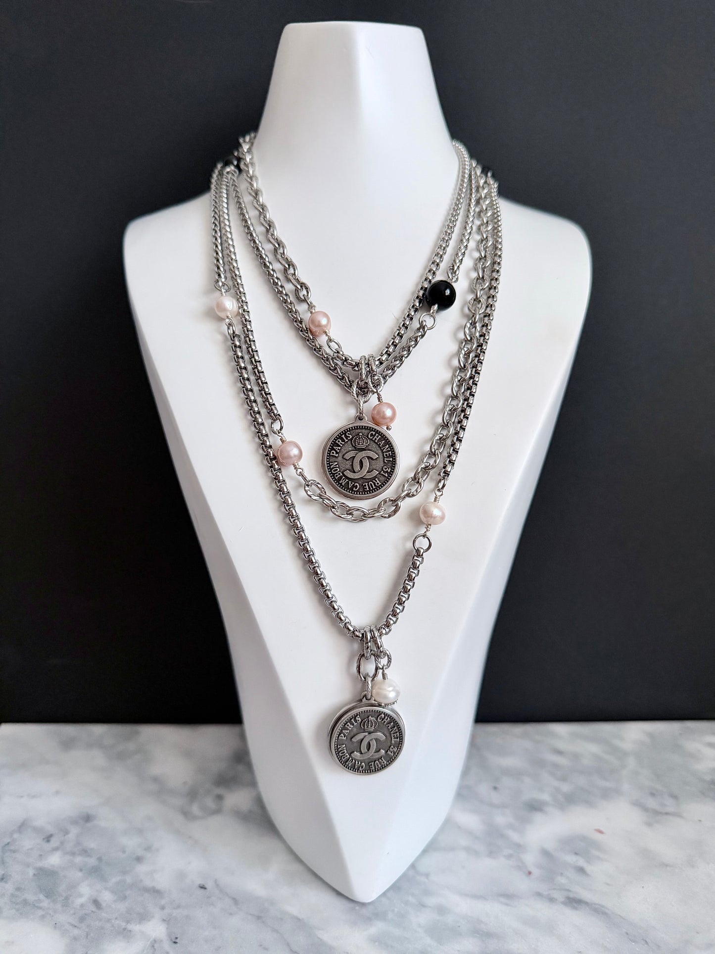 🖤 ONE OF A KIND - Authentic Reworked silver Button Double wrap Necklace