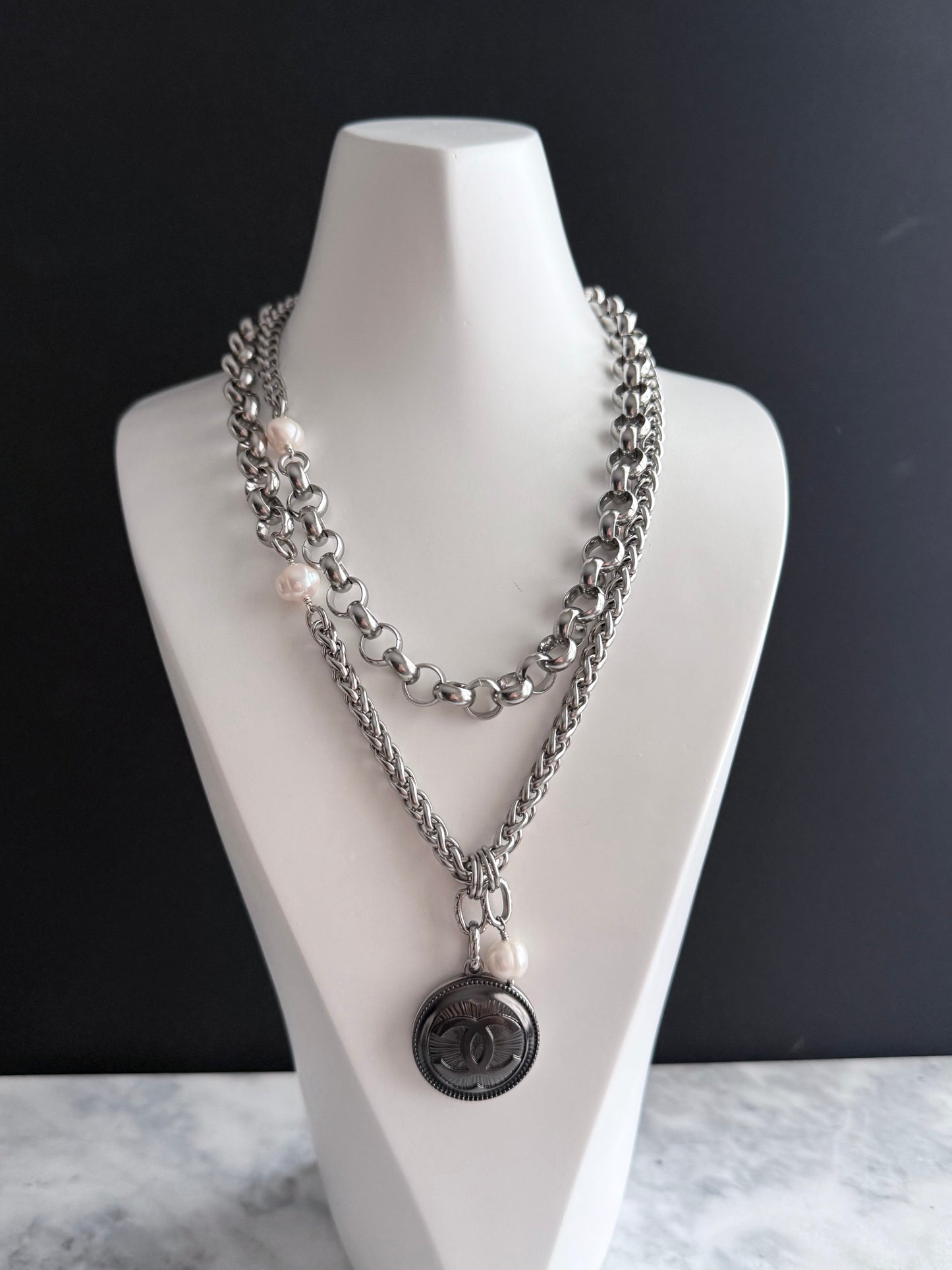 🤍 ONE OF A KIND - Authentic Reworked silver Button Double wrap Necklace