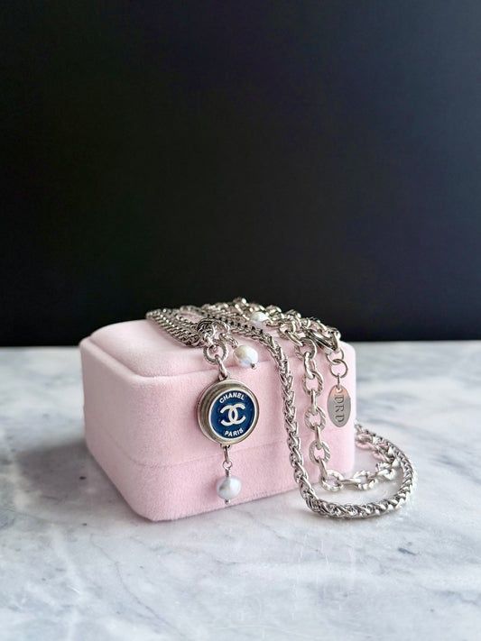 💙 ONE OF A KIND - Authentic Reworked silver Button Double wrap Necklace