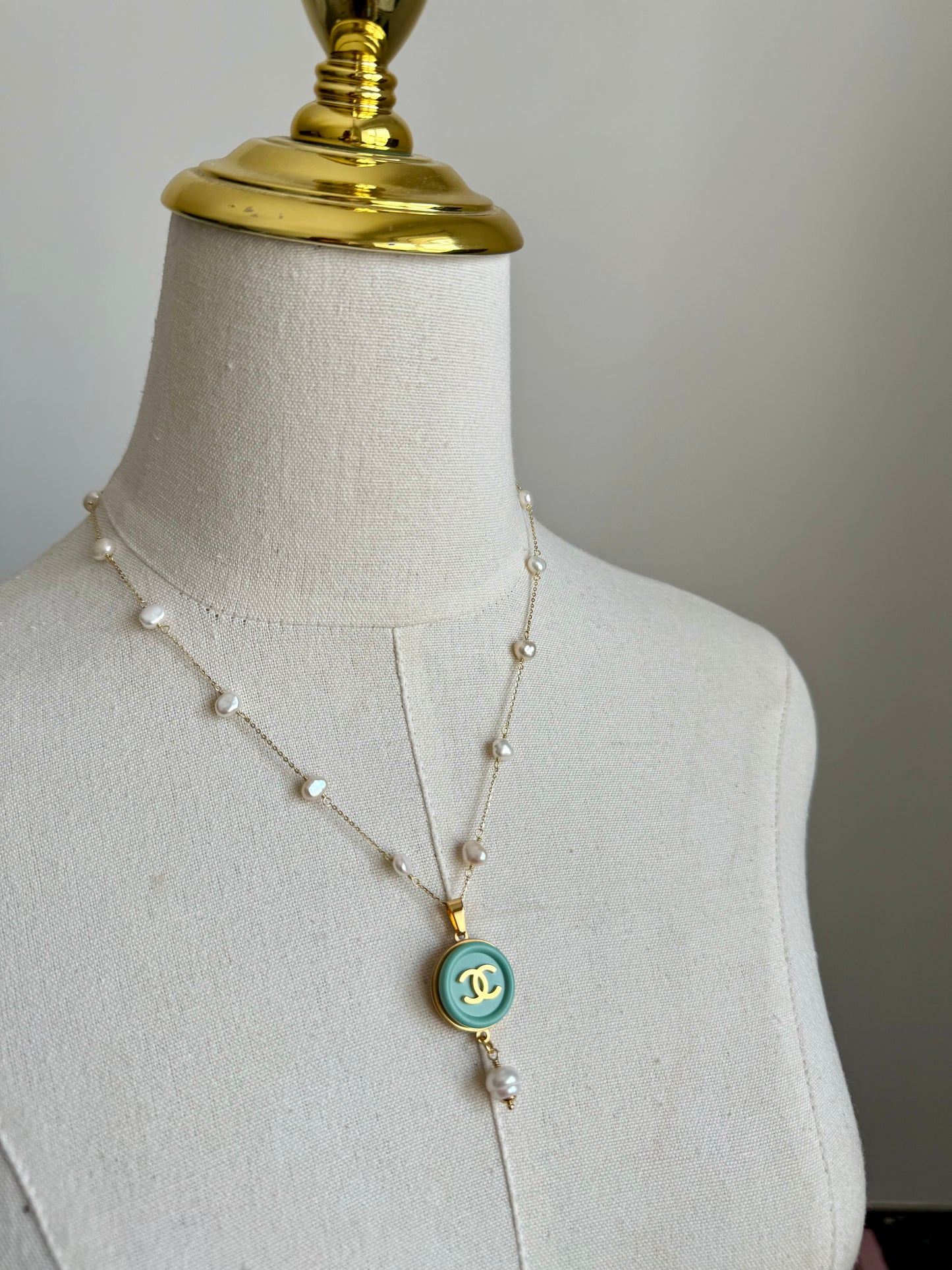🩵 One of a kind delicate Authentic Reworked Teal button necklace