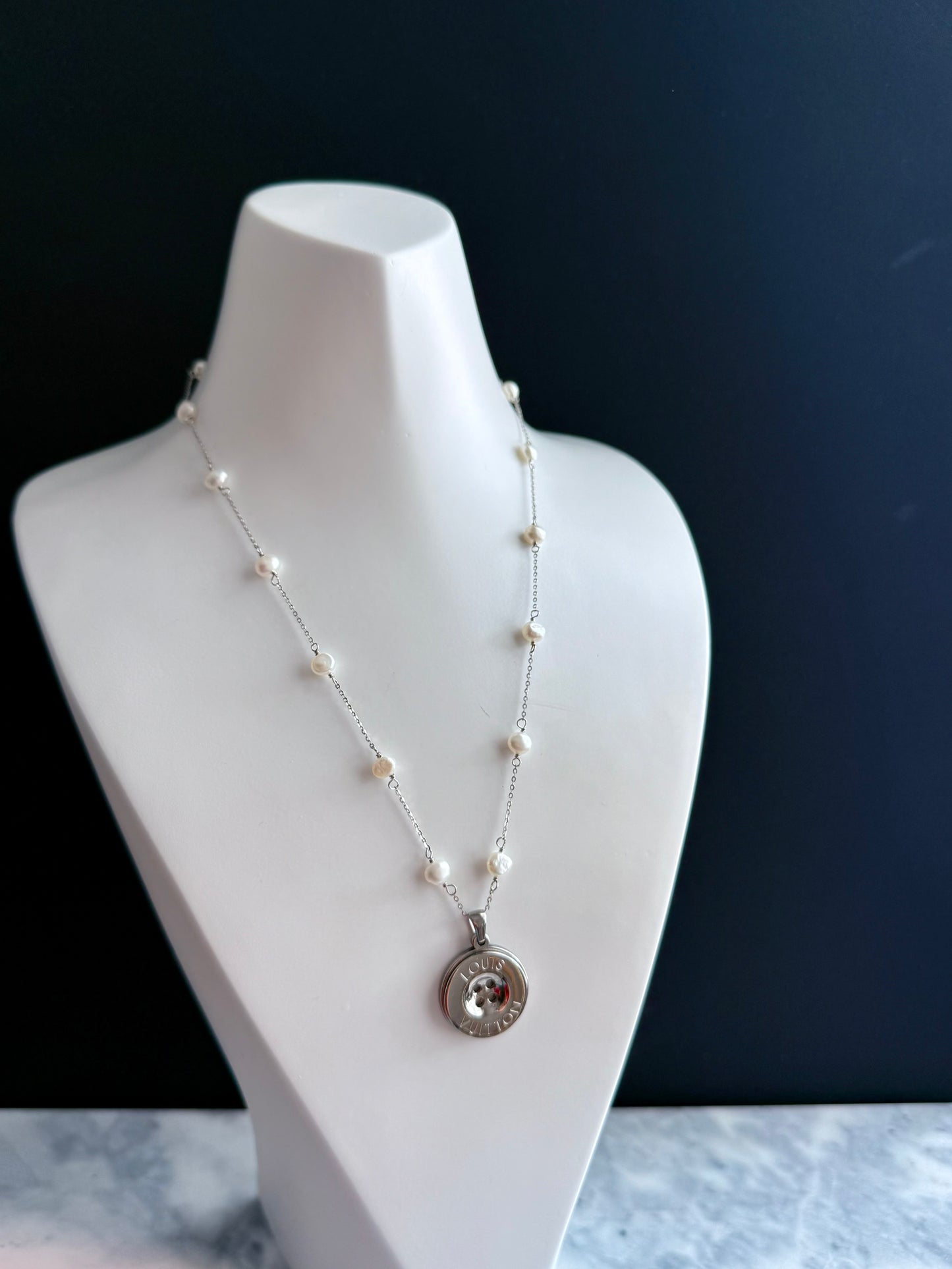 🤍 One of a kind Authentic Reworked LV button pearl necklace