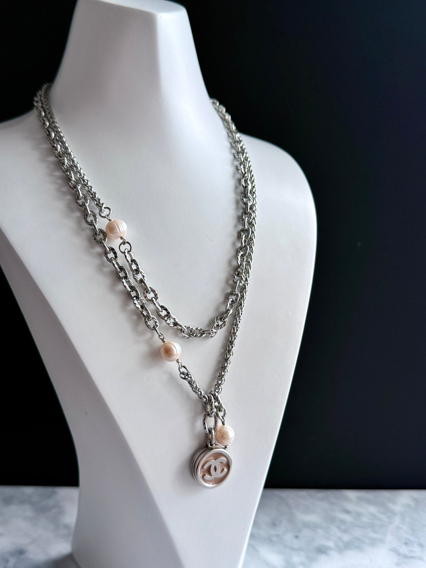 🤍 ONE OF A KIND - Authentic Reworked silver Button Double wrap Necklace
