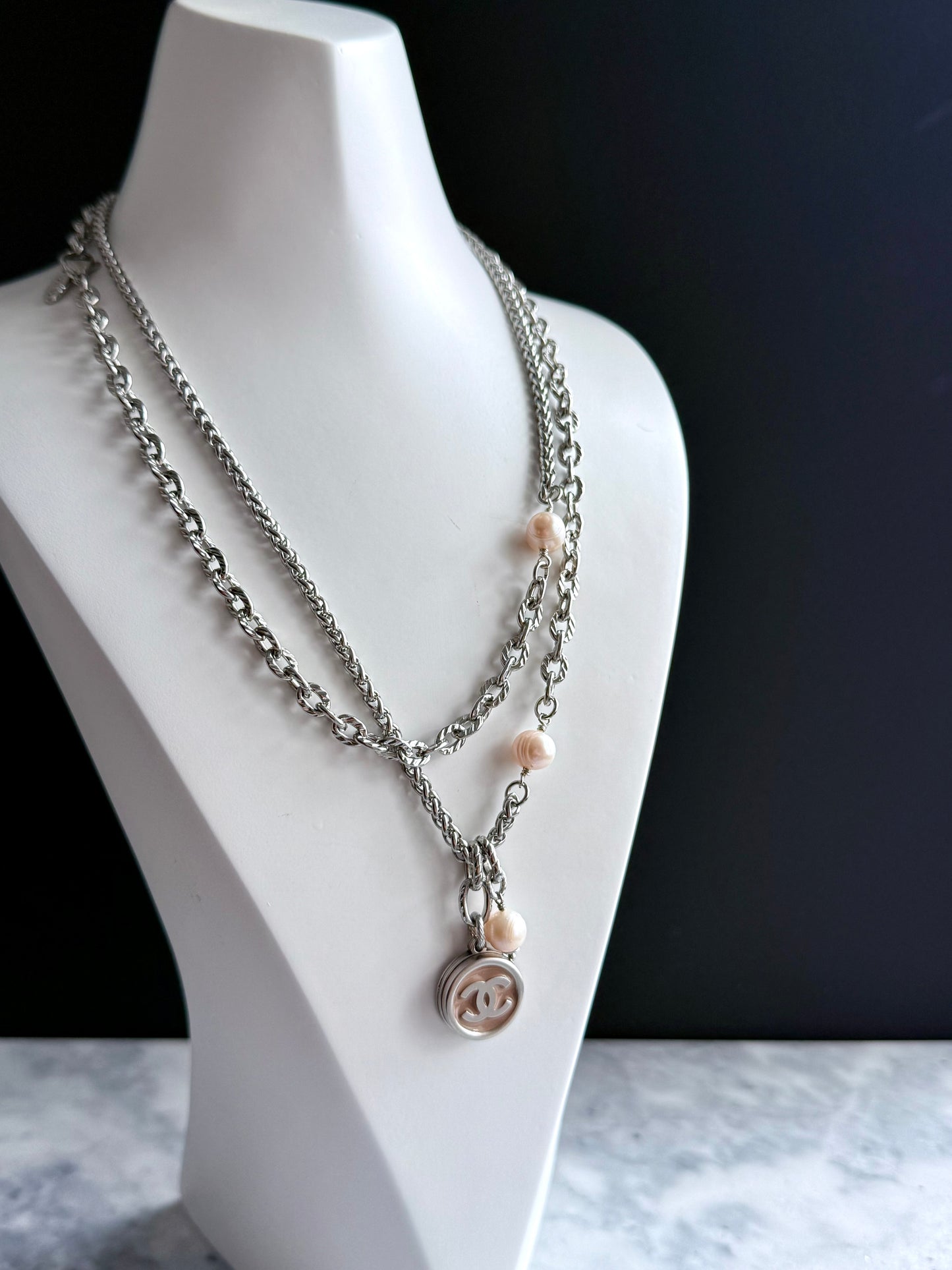 🤍 ONE OF A KIND - Authentic Reworked silver Button Double wrap Necklace