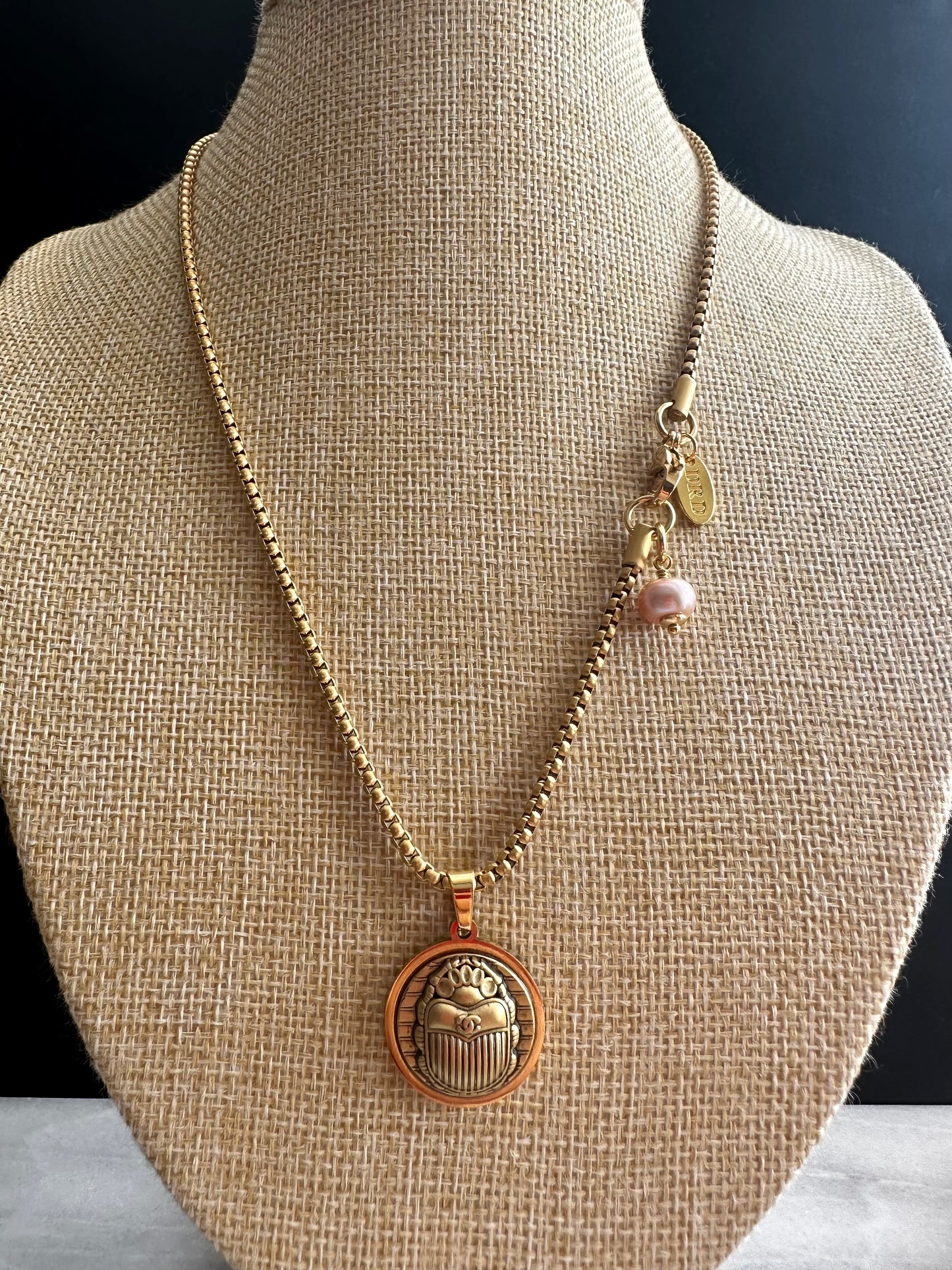 Vintage Authentic reworked Gold scarab beetle button Necklace