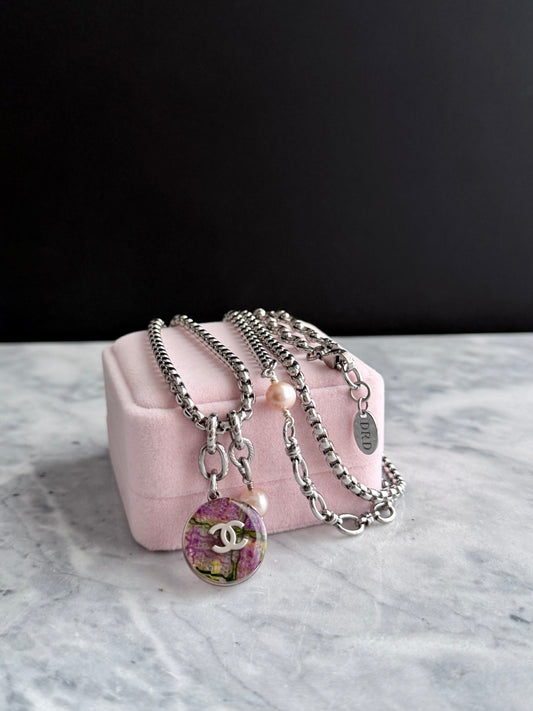 🌸 ONE OF A KIND - Authentic Reworked silver Button Double wrap Necklace