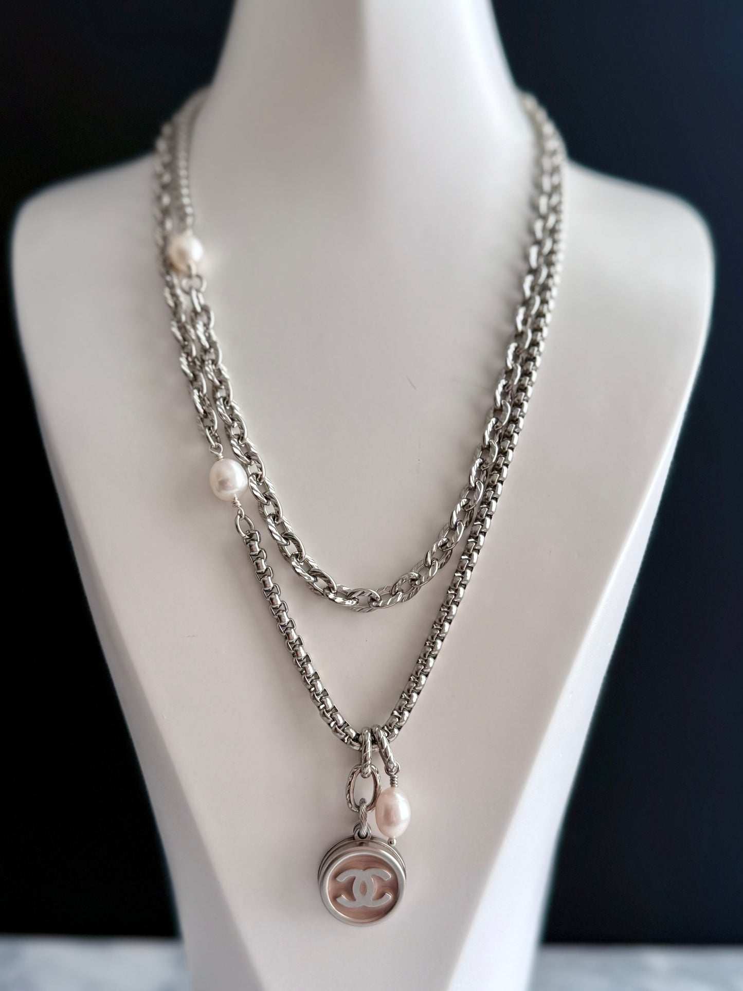 🤍 ONE OF A KIND - Authentic Reworked silver Button Double wrap Necklace