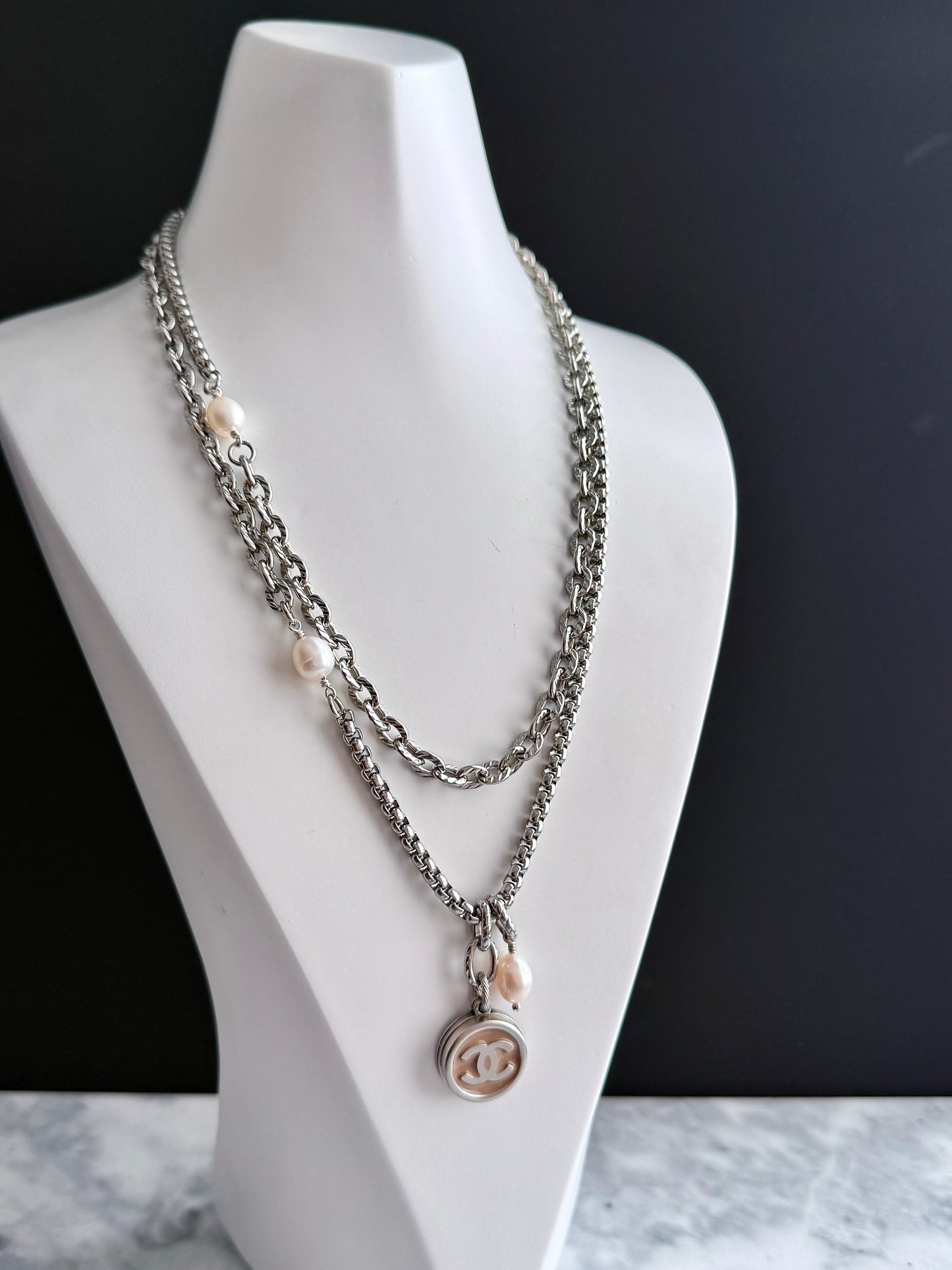 🤍 ONE OF A KIND - Authentic Reworked silver Button Double wrap Necklace
