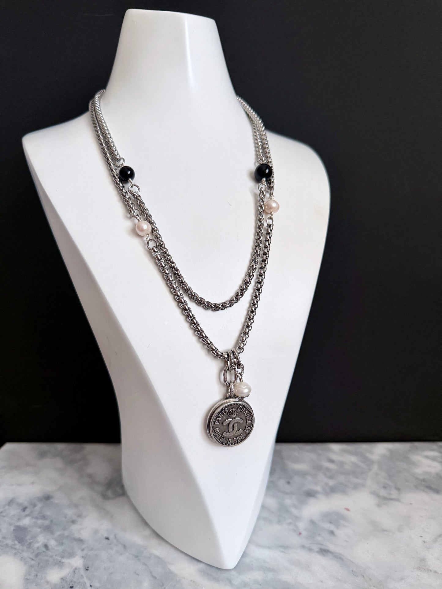 🖤 ONE OF A KIND - Authentic Reworked silver Button Double wrap Necklace
