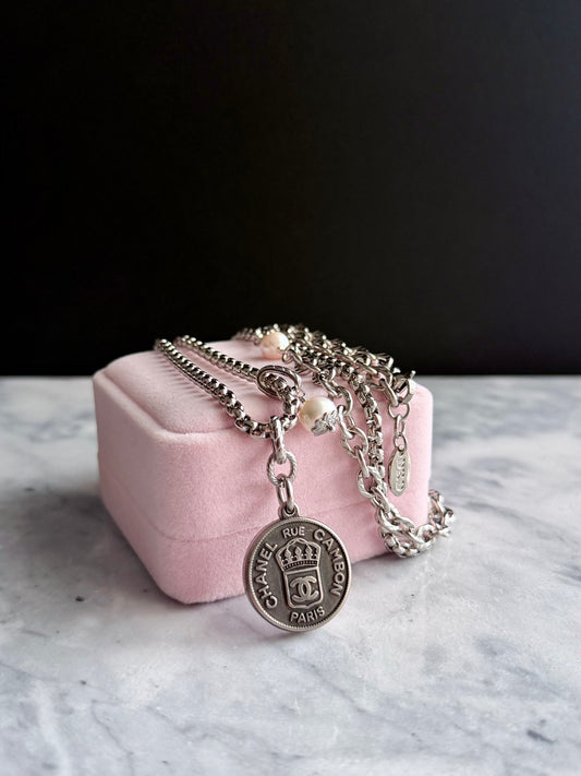 🤍 ONE OF A KIND - Authentic Reworked silver Button Double wrap Necklace