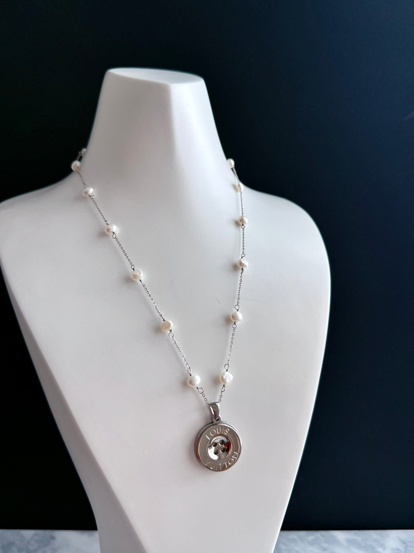 🤍 One of a kind Authentic Reworked LV button pearl necklace