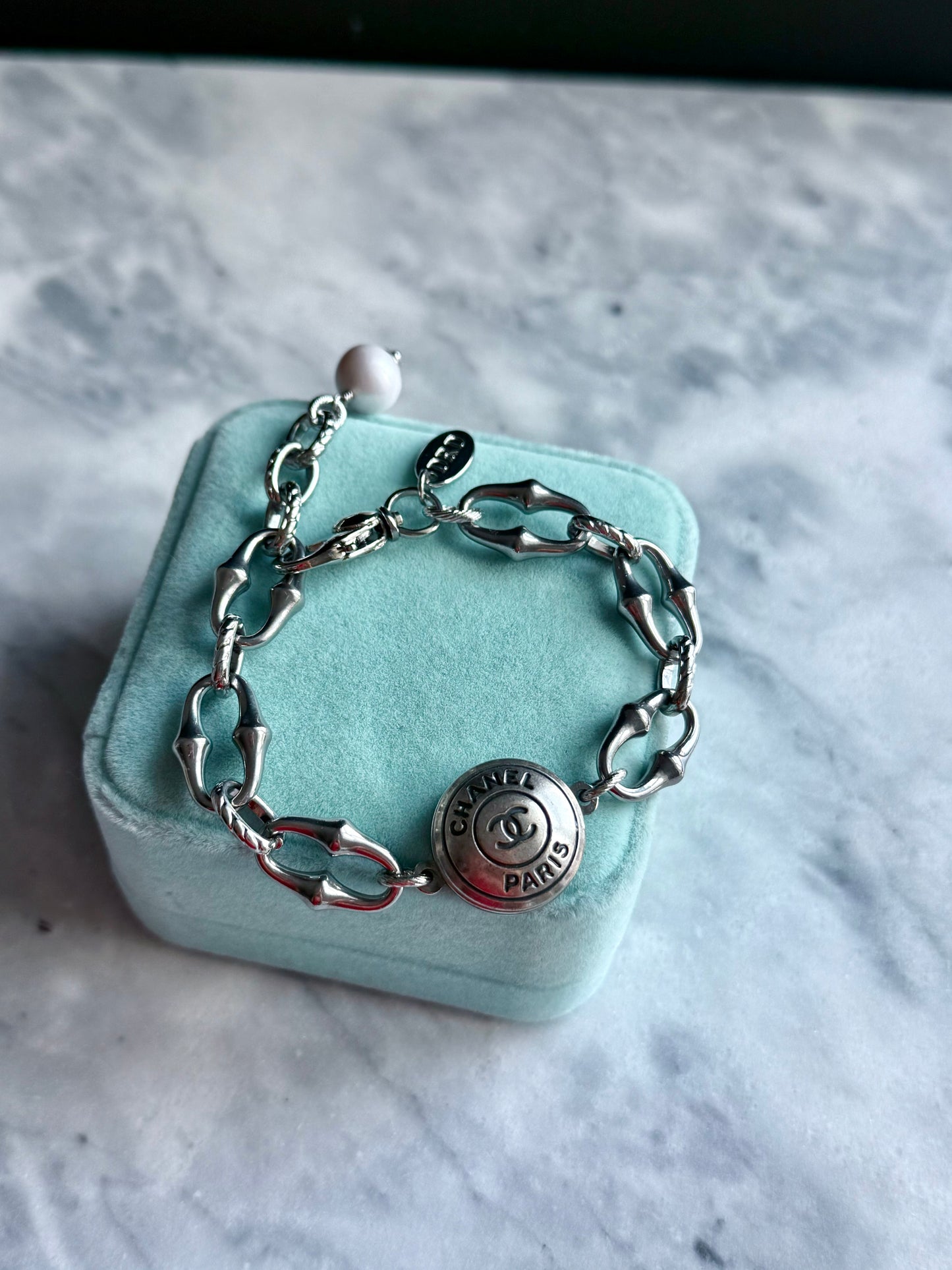 ✨ONE OF A KIND silver reworked button bracelet • large unique non tarnish chain