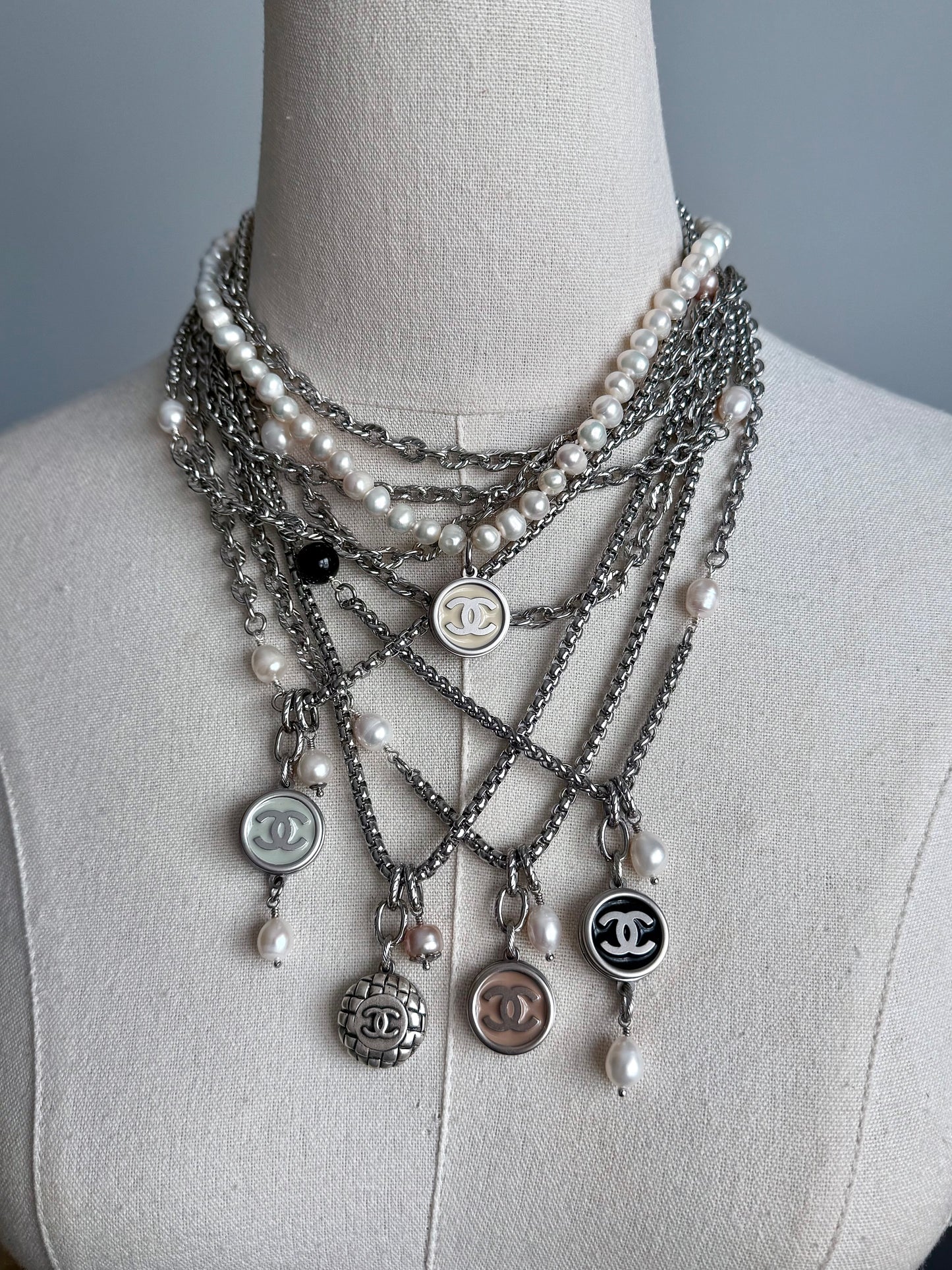 🤍 ONE OF A KIND - Authentic Reworked silver Button Double wrap Necklace