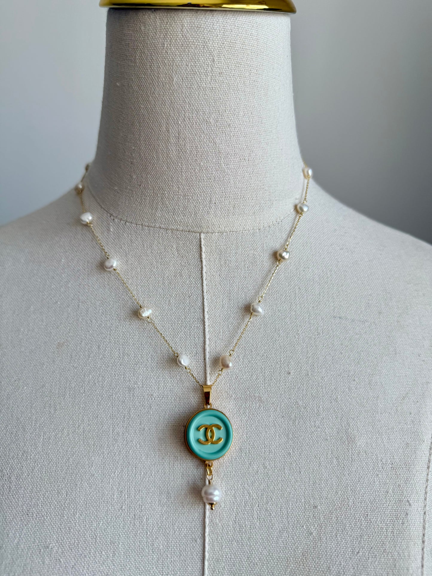 🩵 One of a kind delicate Authentic Reworked Teal button necklace