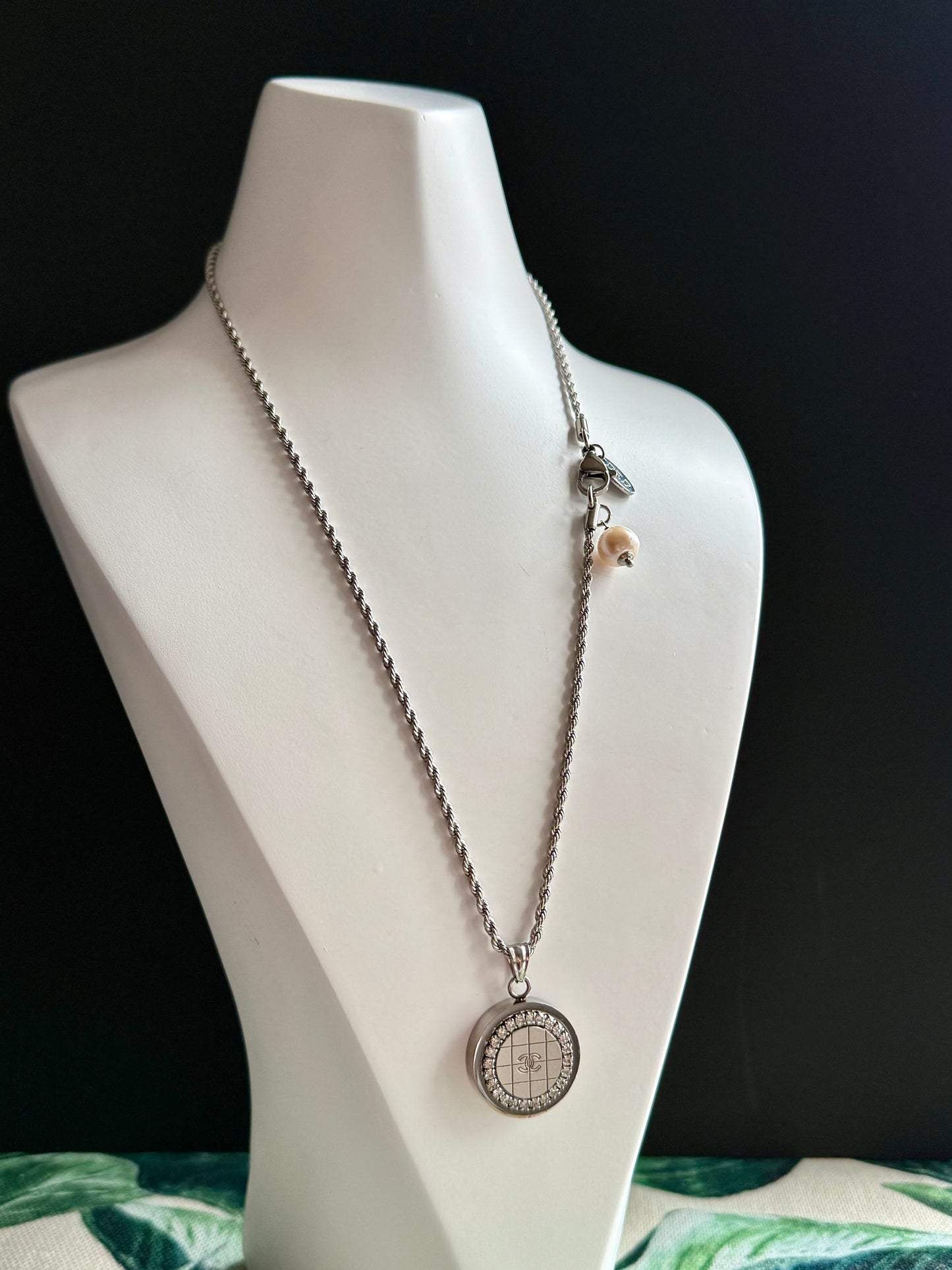 Authentic Reworked silver Button necklace with Swarovski crystals