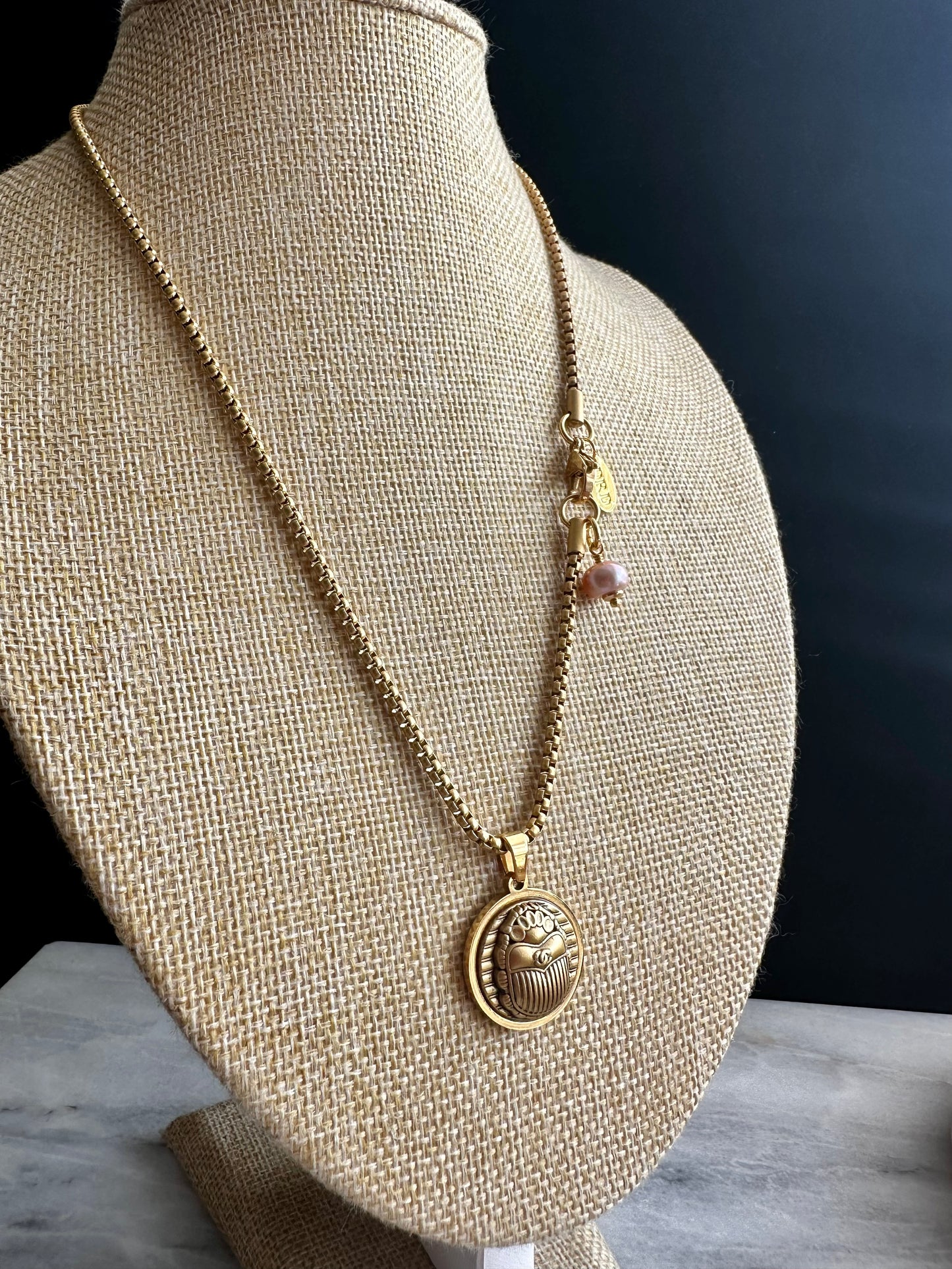 Vintage Authentic reworked Gold scarab beetle button Necklace