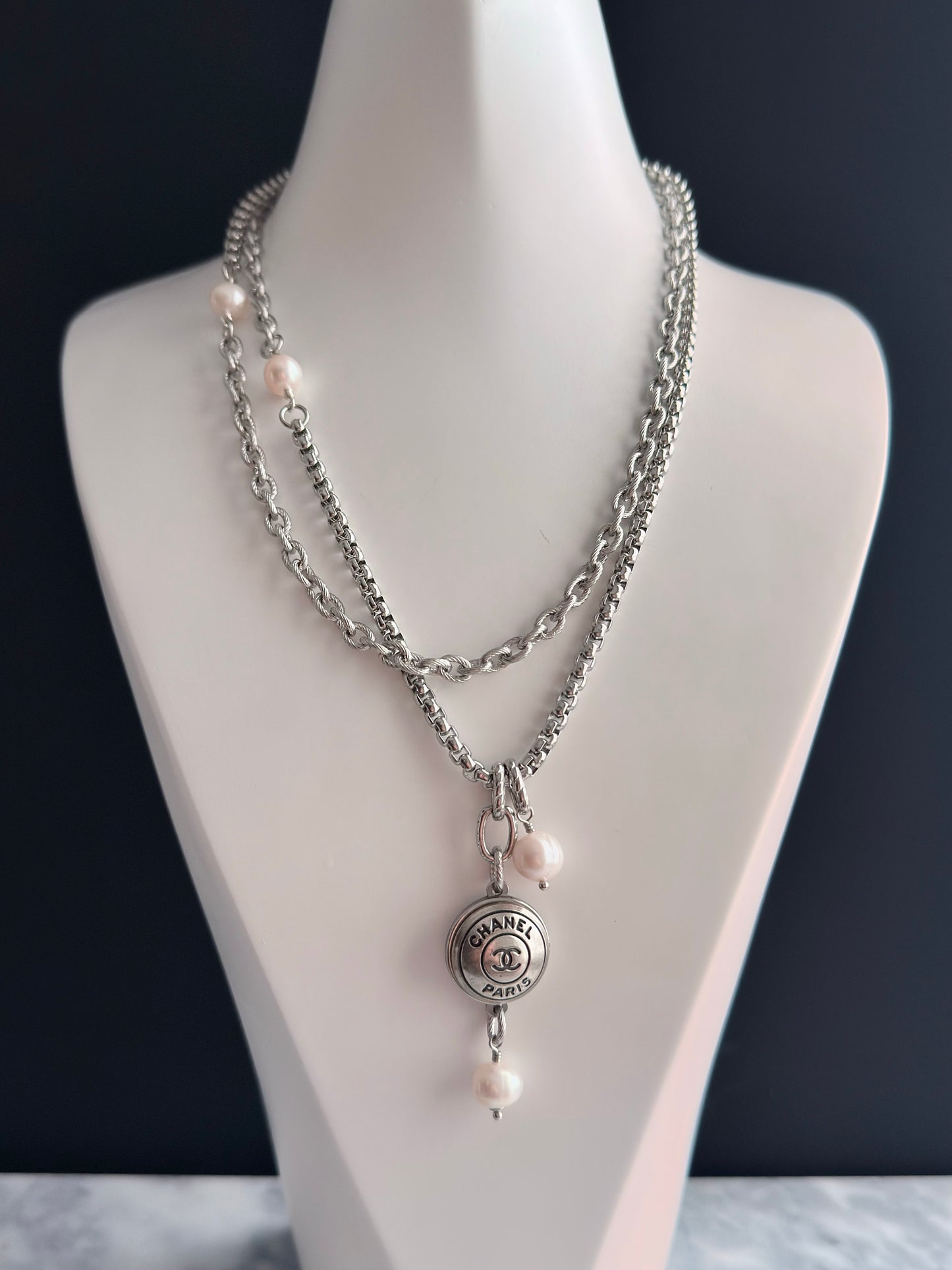 🤍 ONE OF A KIND - Authentic Reworked silver Button Double wrap Necklace