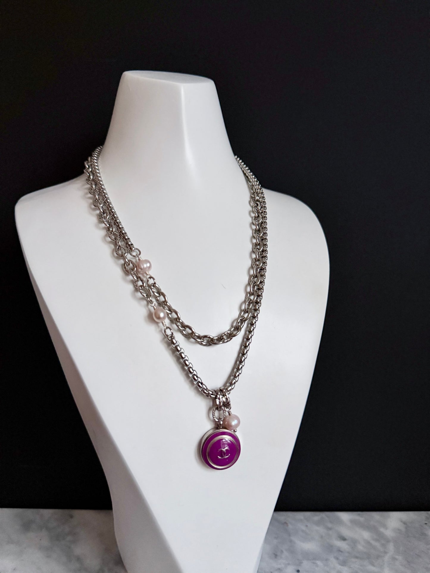 💜 ONE OF A KIND - Authentic Reworked silver Button Double wrap Necklace