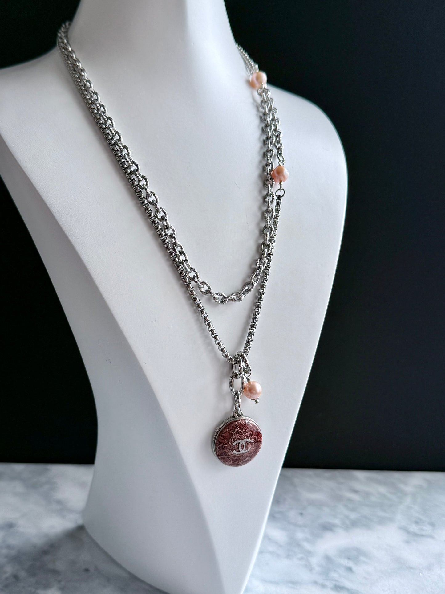 🍒 ONE OF A KIND - Authentic Reworked silver Button Double wrap Necklace