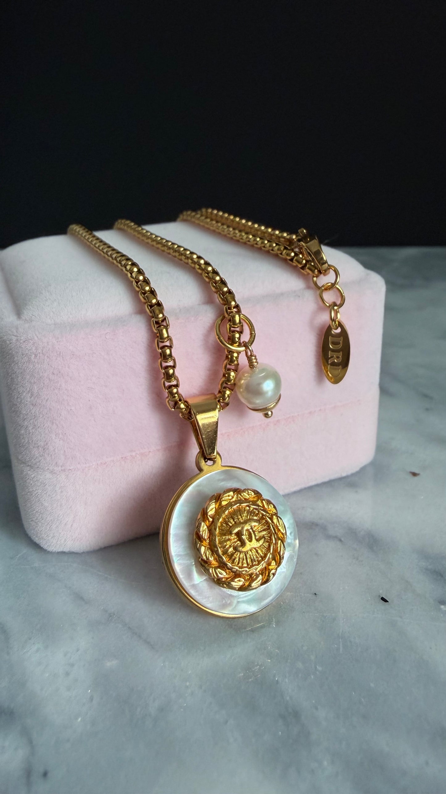 SUPER RARE MOTHER OF PEARL and Vintage Authentic reworked Gold button Necklace