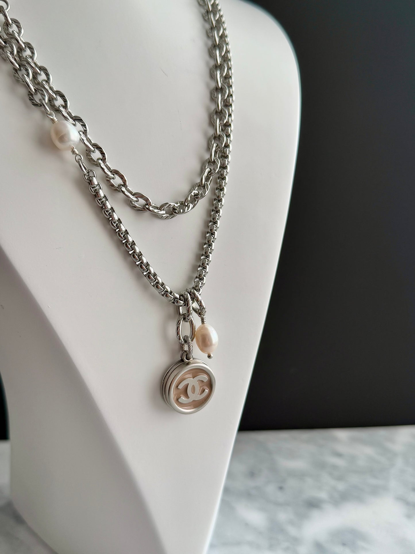 🤍 ONE OF A KIND - Authentic Reworked silver Button Double wrap Necklace