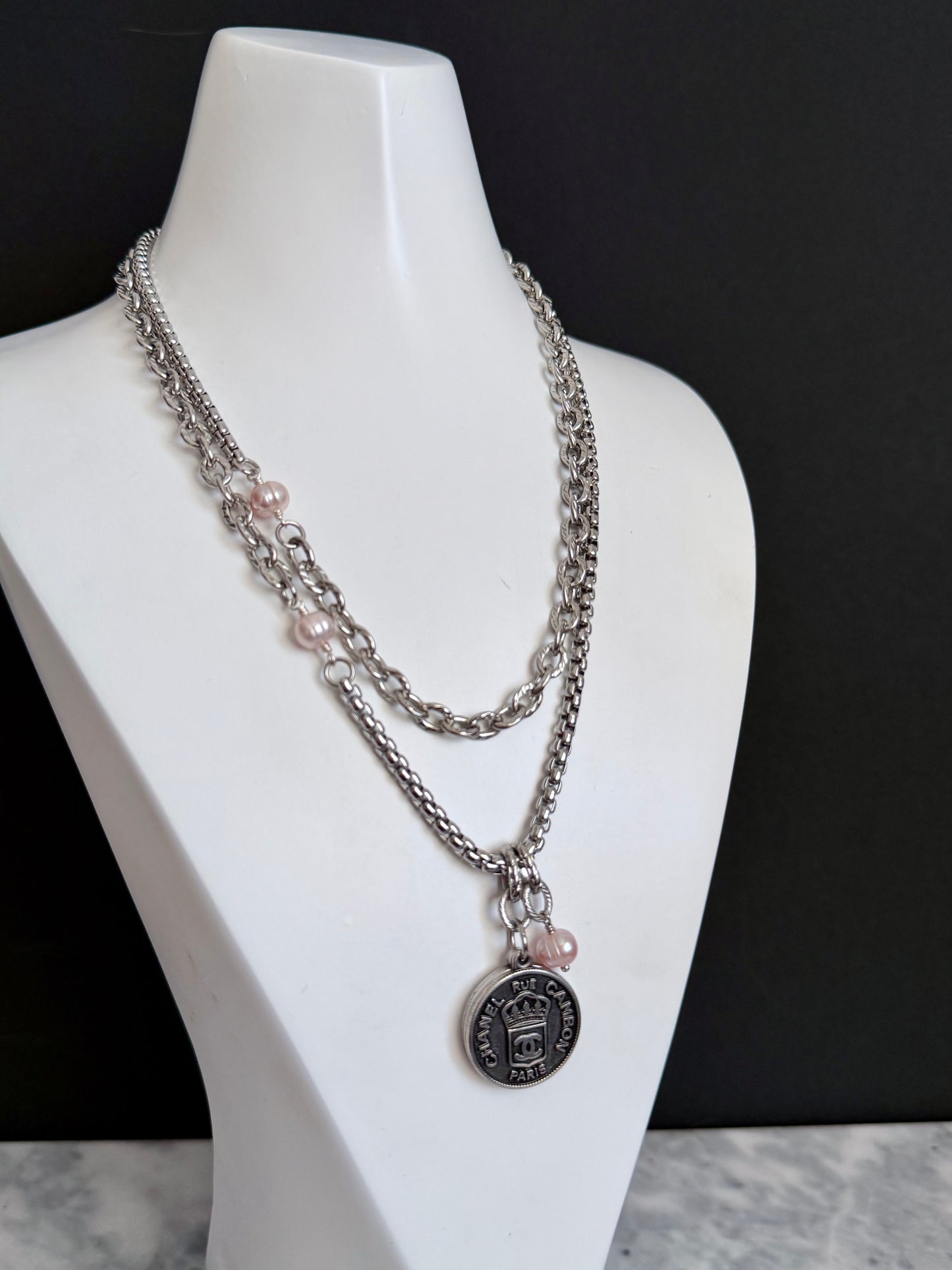 🖤 ONE OF A KIND - Authentic Reworked silver Button Double wrap Necklace