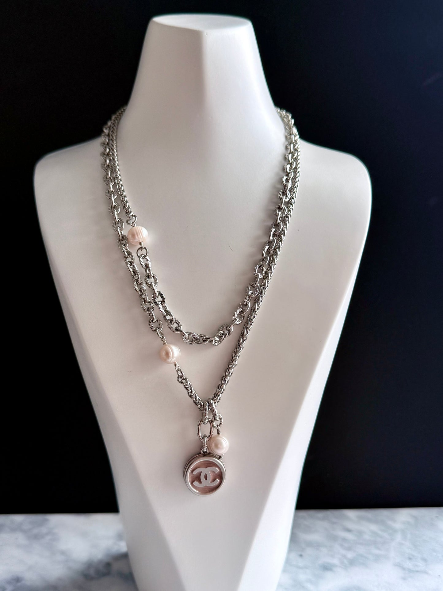 🤍 ONE OF A KIND - Authentic Reworked silver Button Double wrap Necklace