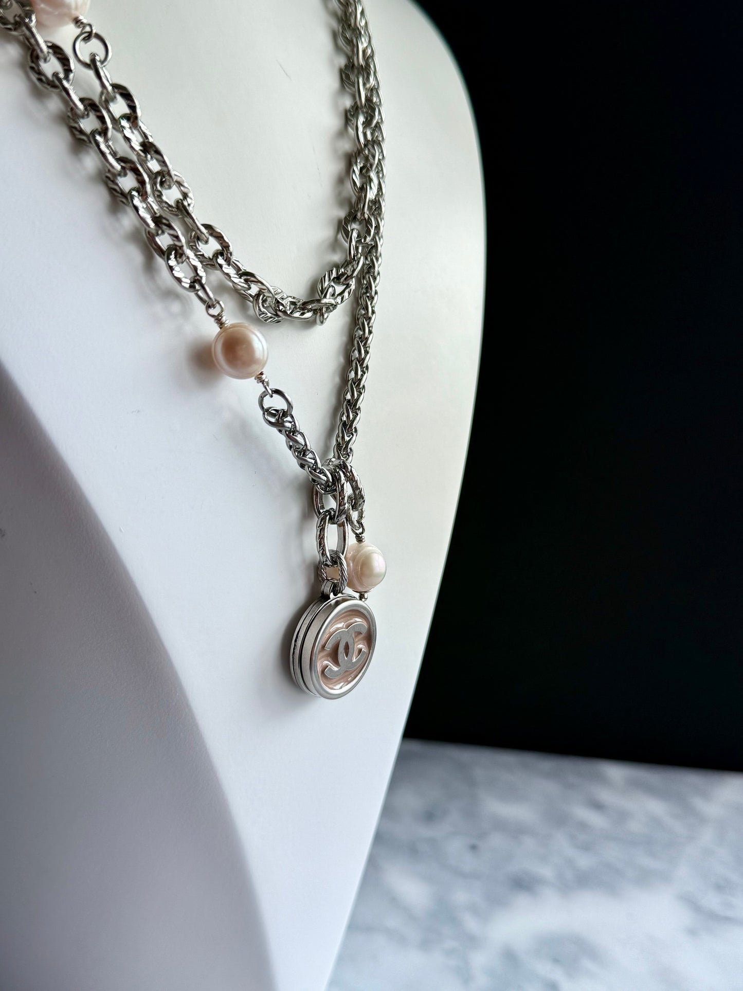 🤍 ONE OF A KIND - Authentic Reworked silver Button Double wrap Necklace