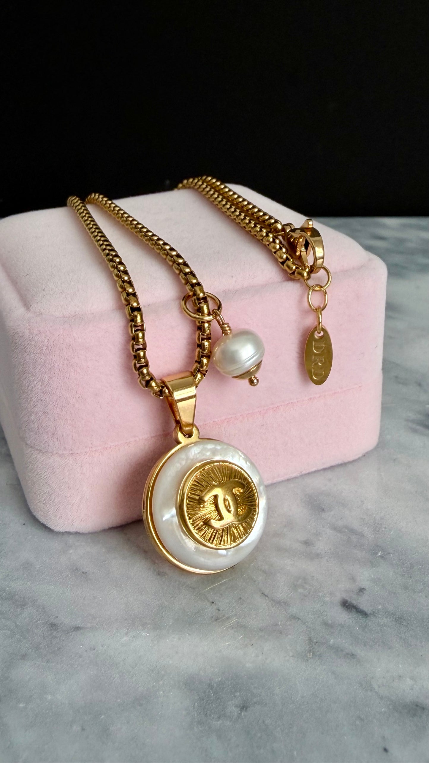 SUPER RARE MOTHER OF PEARL and Vintage Authentic reworked Gold button Necklace