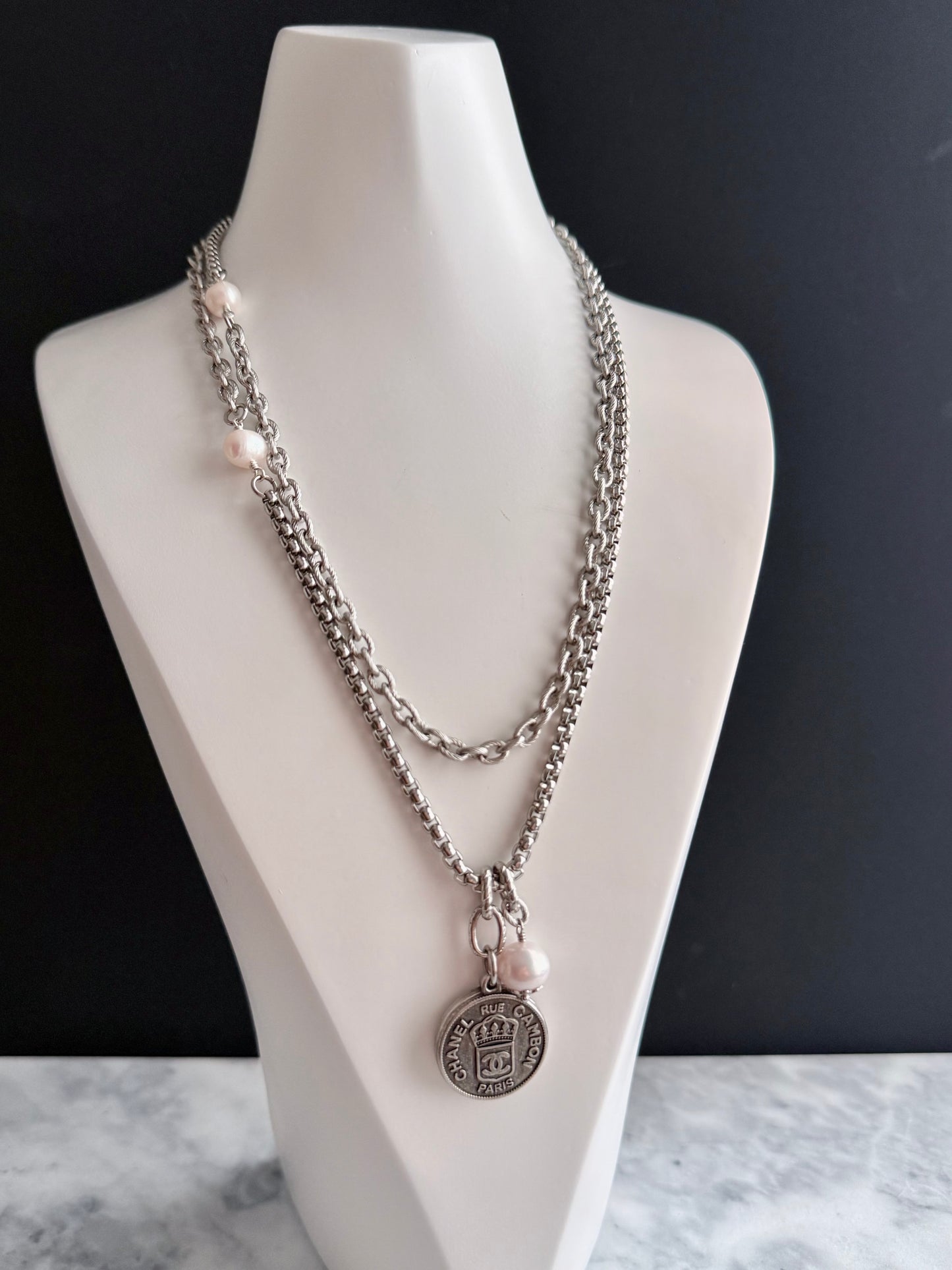 🤍 ONE OF A KIND - Authentic Reworked silver Button Double wrap Necklace