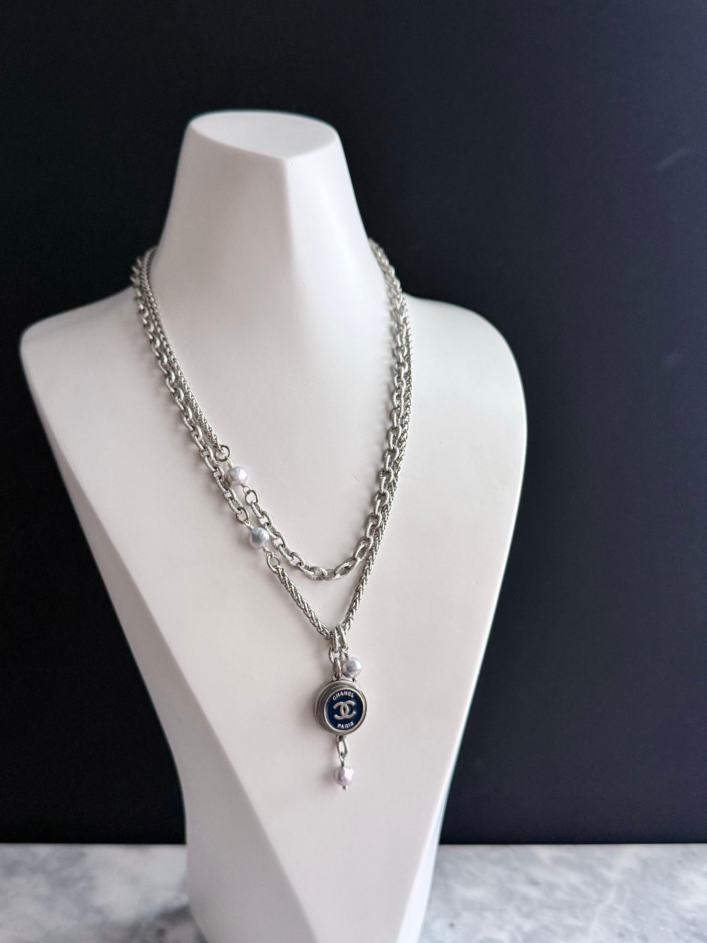 💙 ONE OF A KIND - Authentic Reworked silver Button Double wrap Necklace