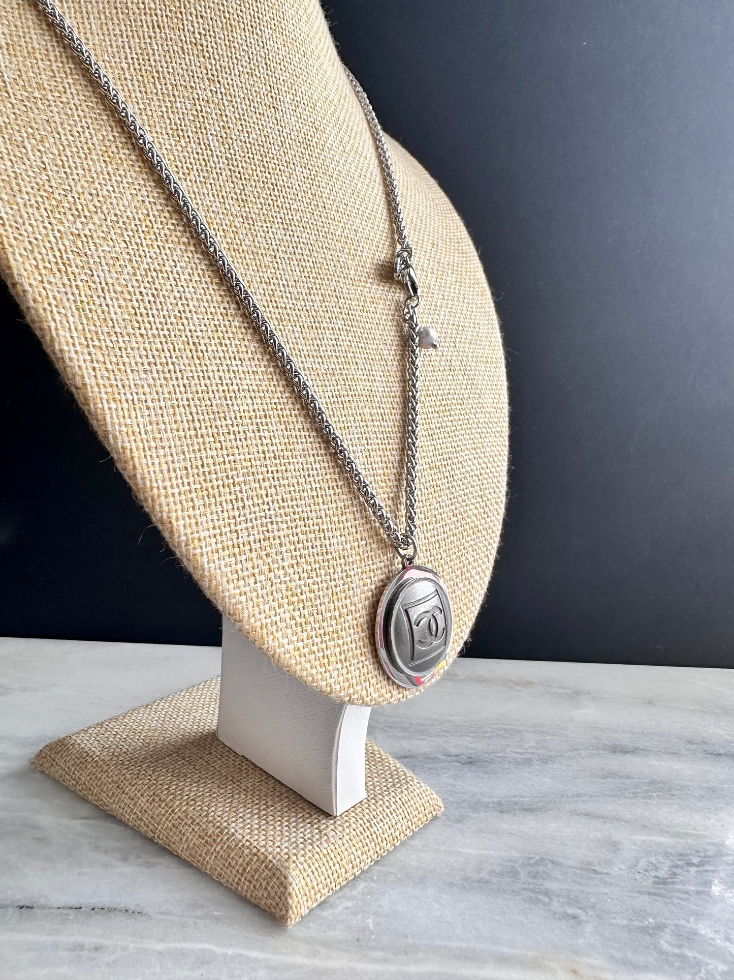 Edgy Gunmetal Vintage Reworked Authentic silver button necklace