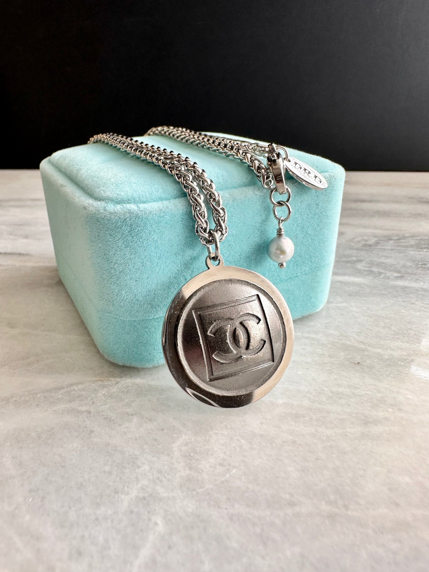 Edgy Gunmetal Vintage Reworked Authentic silver button necklace