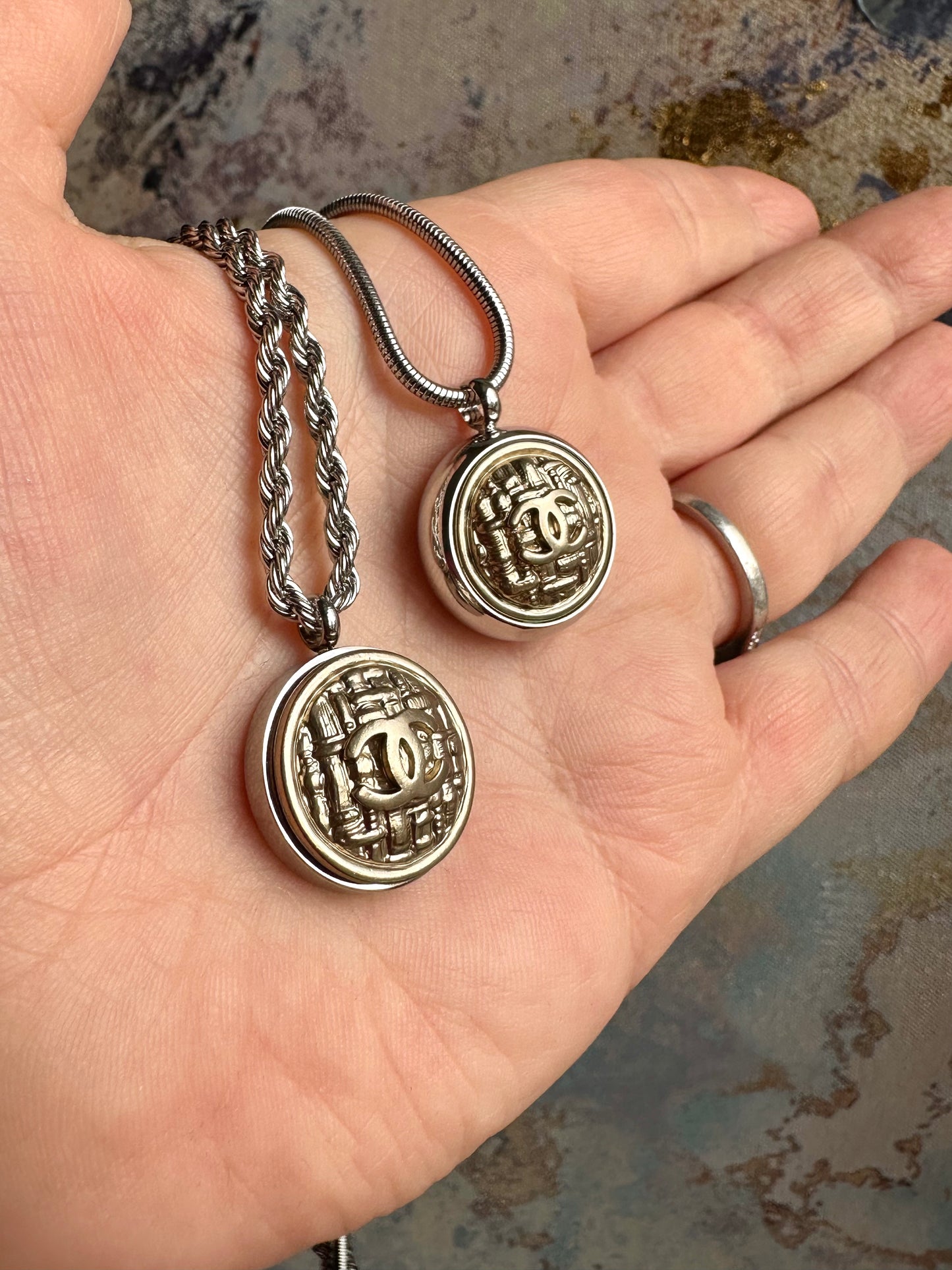 Short Authentic mixed silver+ pale gold reworked button Necklace - VERY rare!