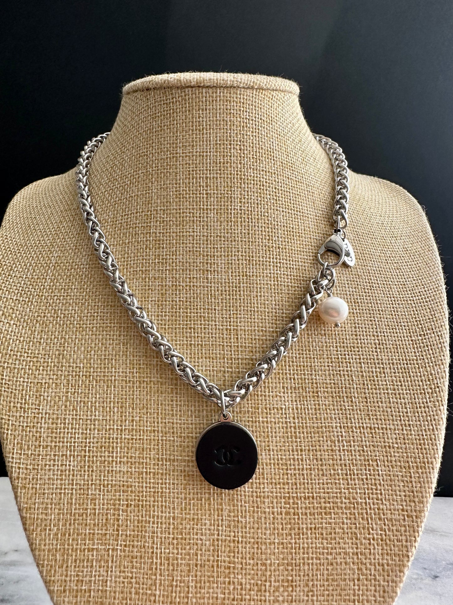 🖤 LEATHER Reworked Authentic silver and black enamel button necklace