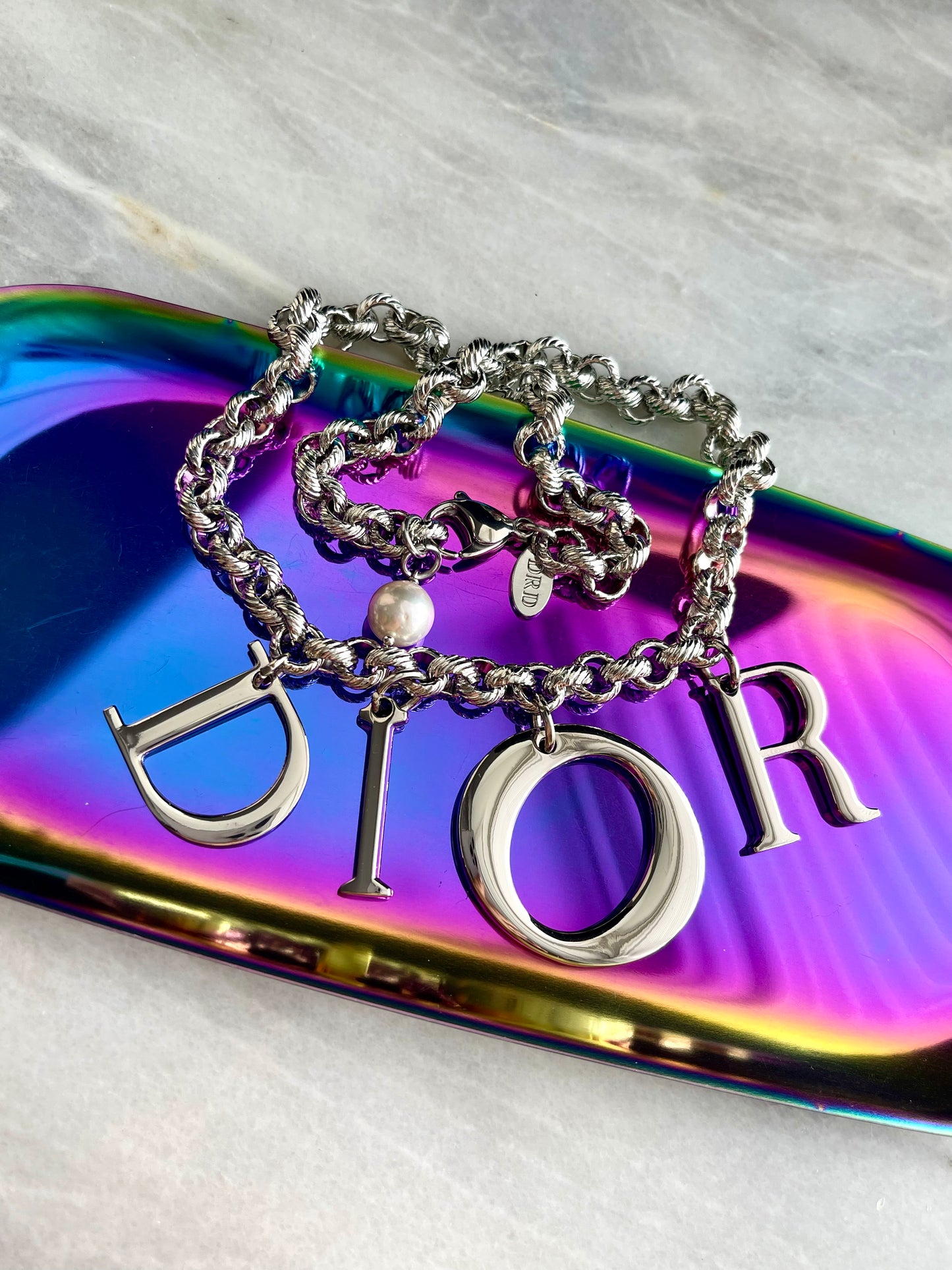 Vintage Authentic Silver DIOR charm Asymmetrical Necklace • Very Rare Vintage Find 👌🏻✨
