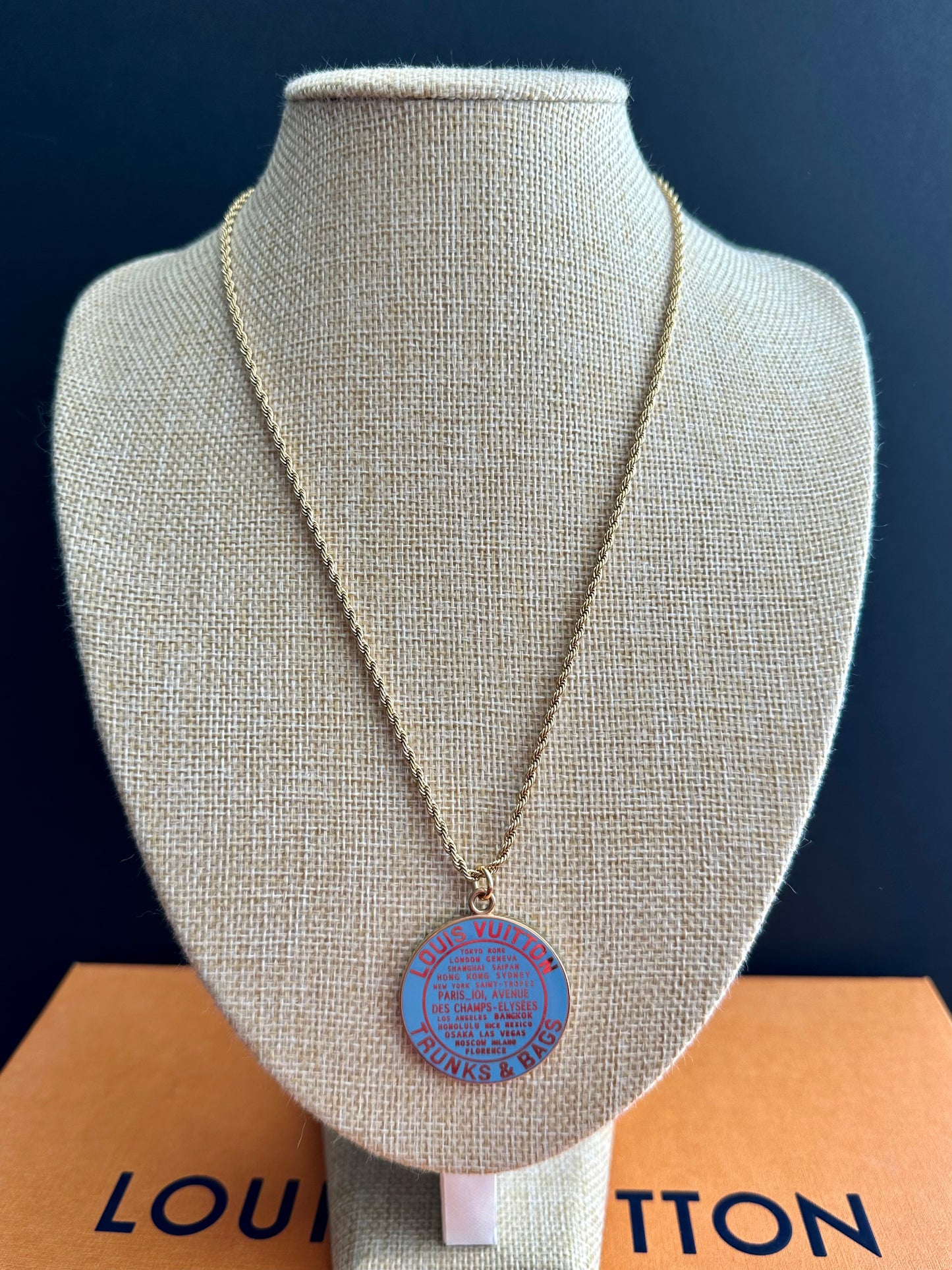Light Blue Huge Louis Vuitton TRUNK Authentic gold reworked Louis Vuitton Necklace - VERY rare!