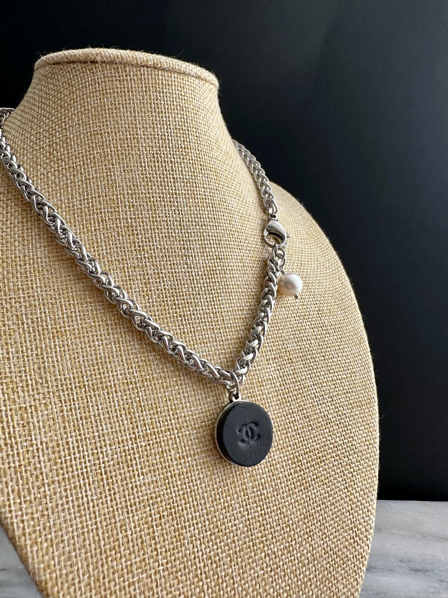 🖤 LEATHER Reworked Authentic silver and black enamel button necklace