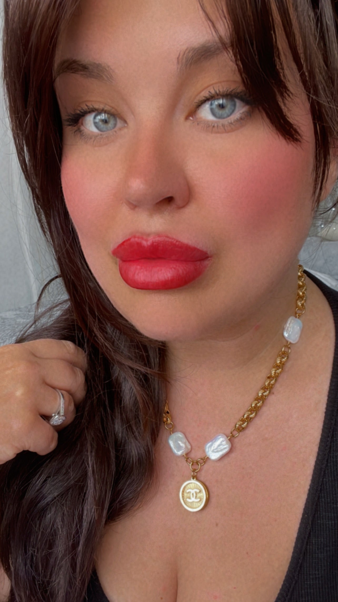 One of a kind square pearls and Authentic Reworked button necklace
