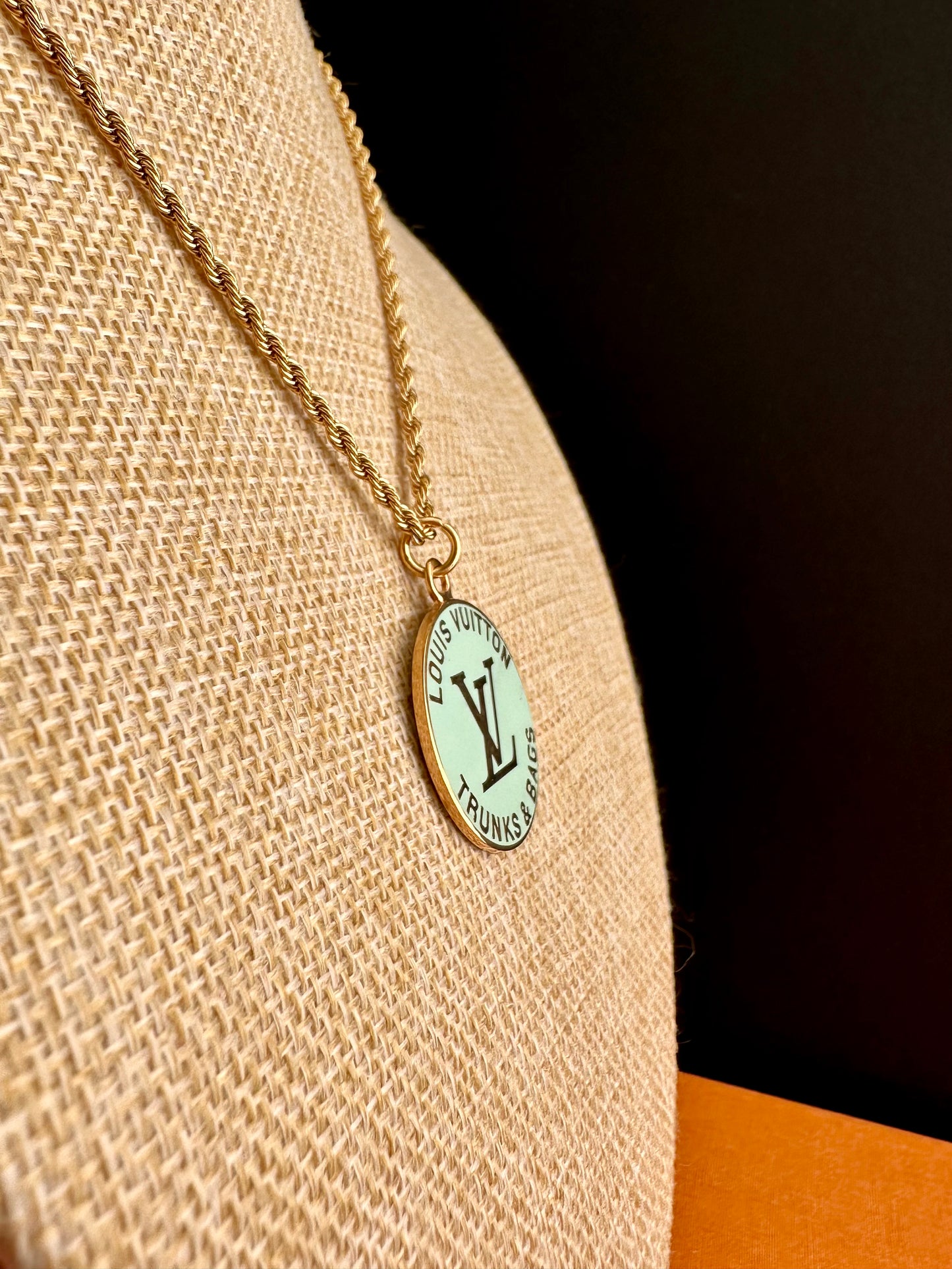 Pale teal Louis Vuitton TRUNK Authentic gold reworked Louis Vuitton Necklace - VERY rare!