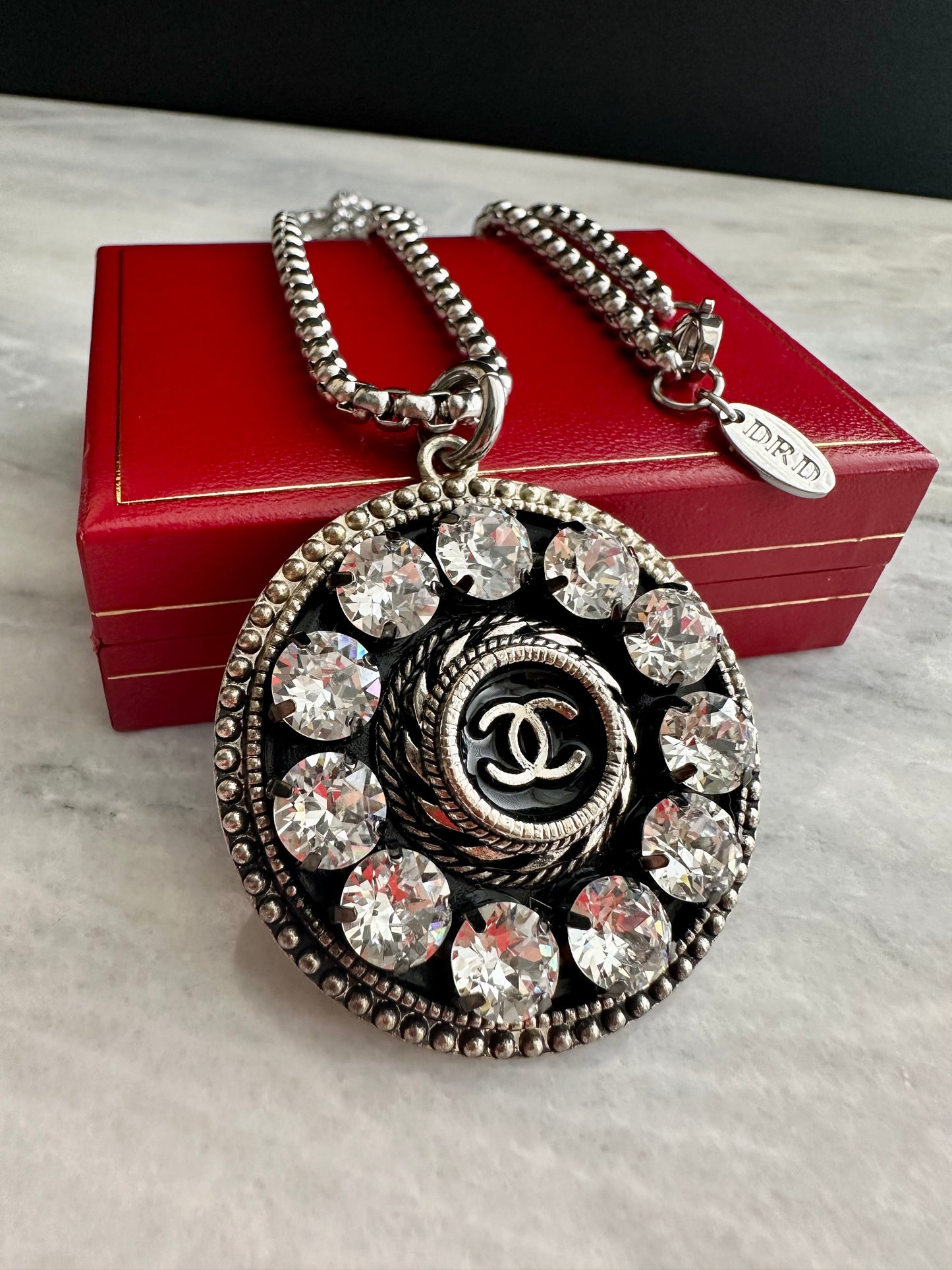 Huge One of a kind silver crystal Authentic Reworked button necklace