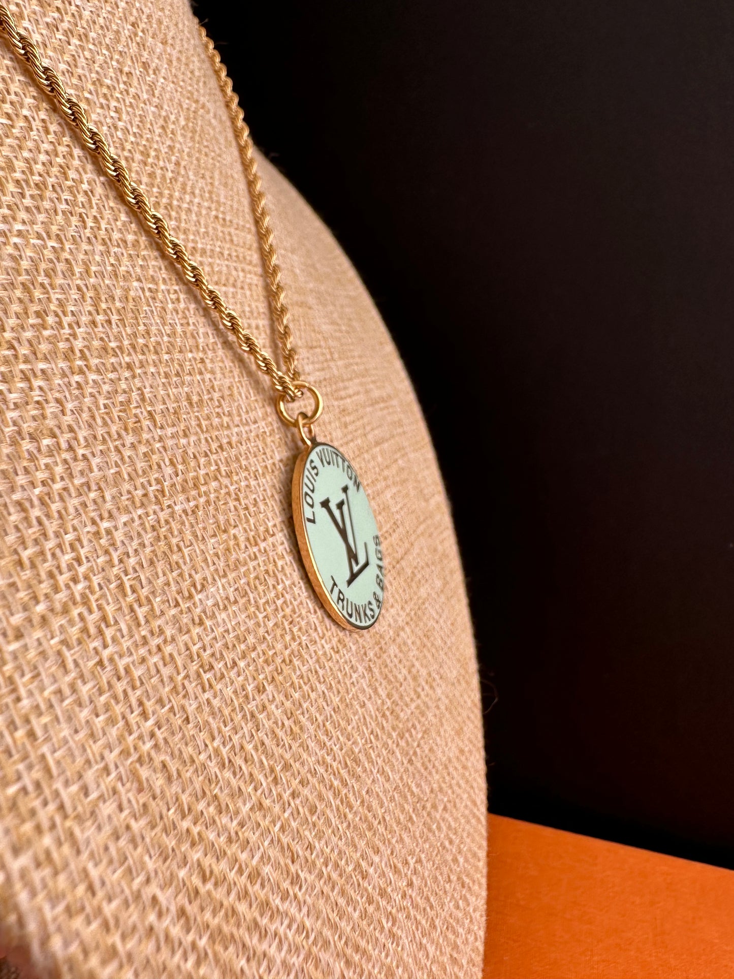 Pale teal Louis Vuitton TRUNK Authentic gold reworked Louis Vuitton Necklace - VERY rare!