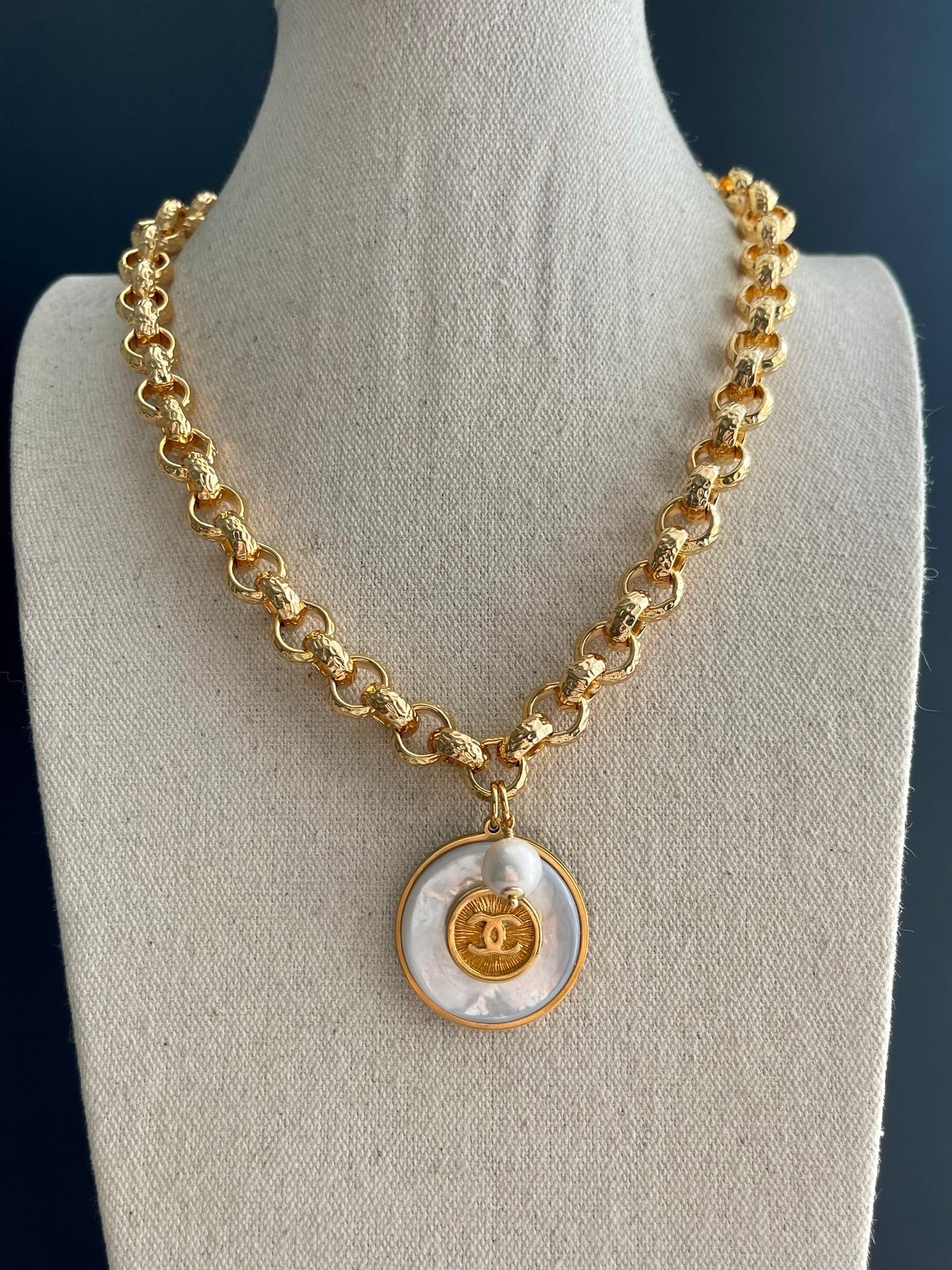 Unique MOTHER OF PEARL One of a kind square pearls and Authentic Reworked button necklace
