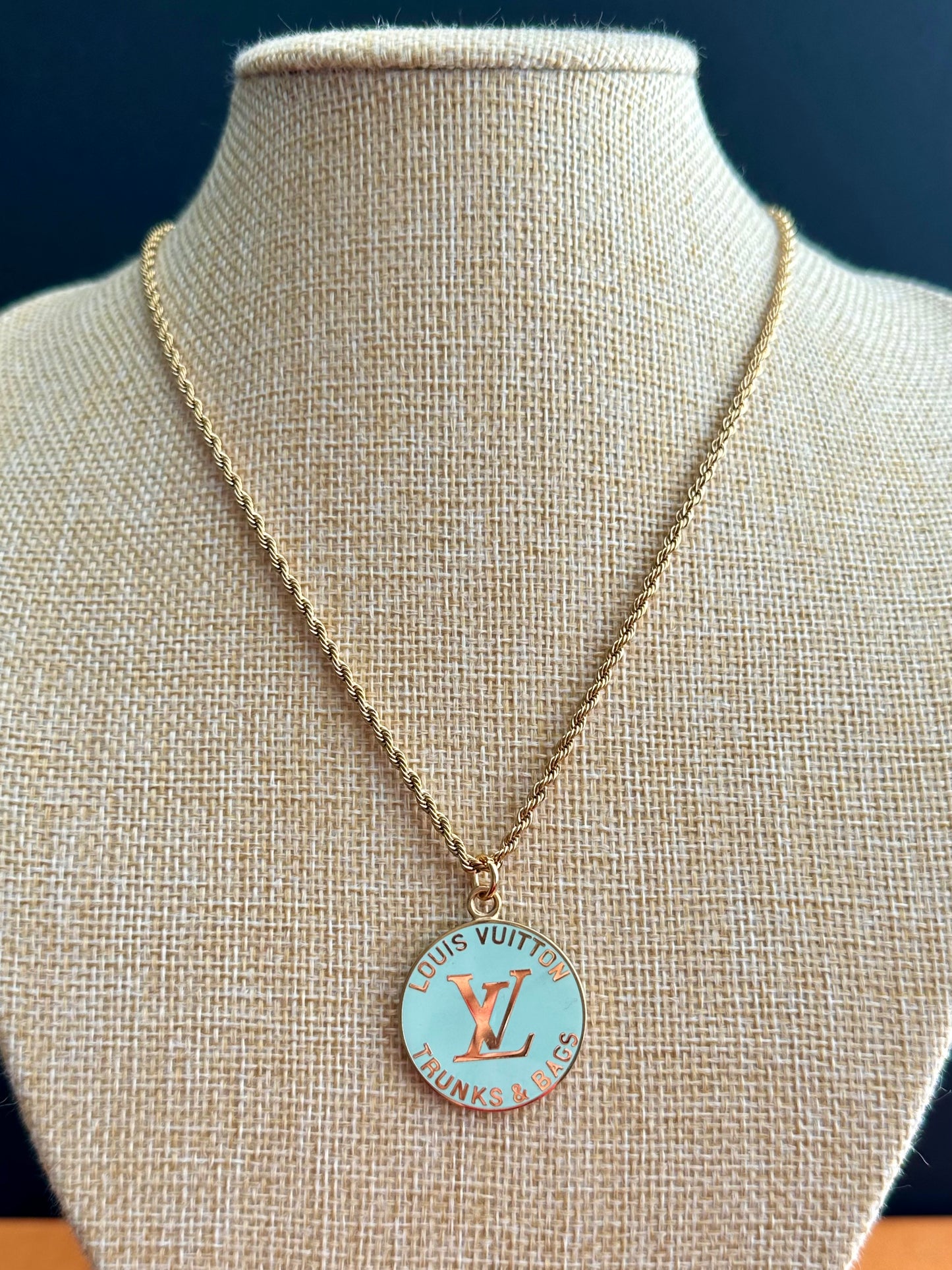 Pale teal Louis Vuitton TRUNK Authentic gold reworked Louis Vuitton Necklace - VERY rare!