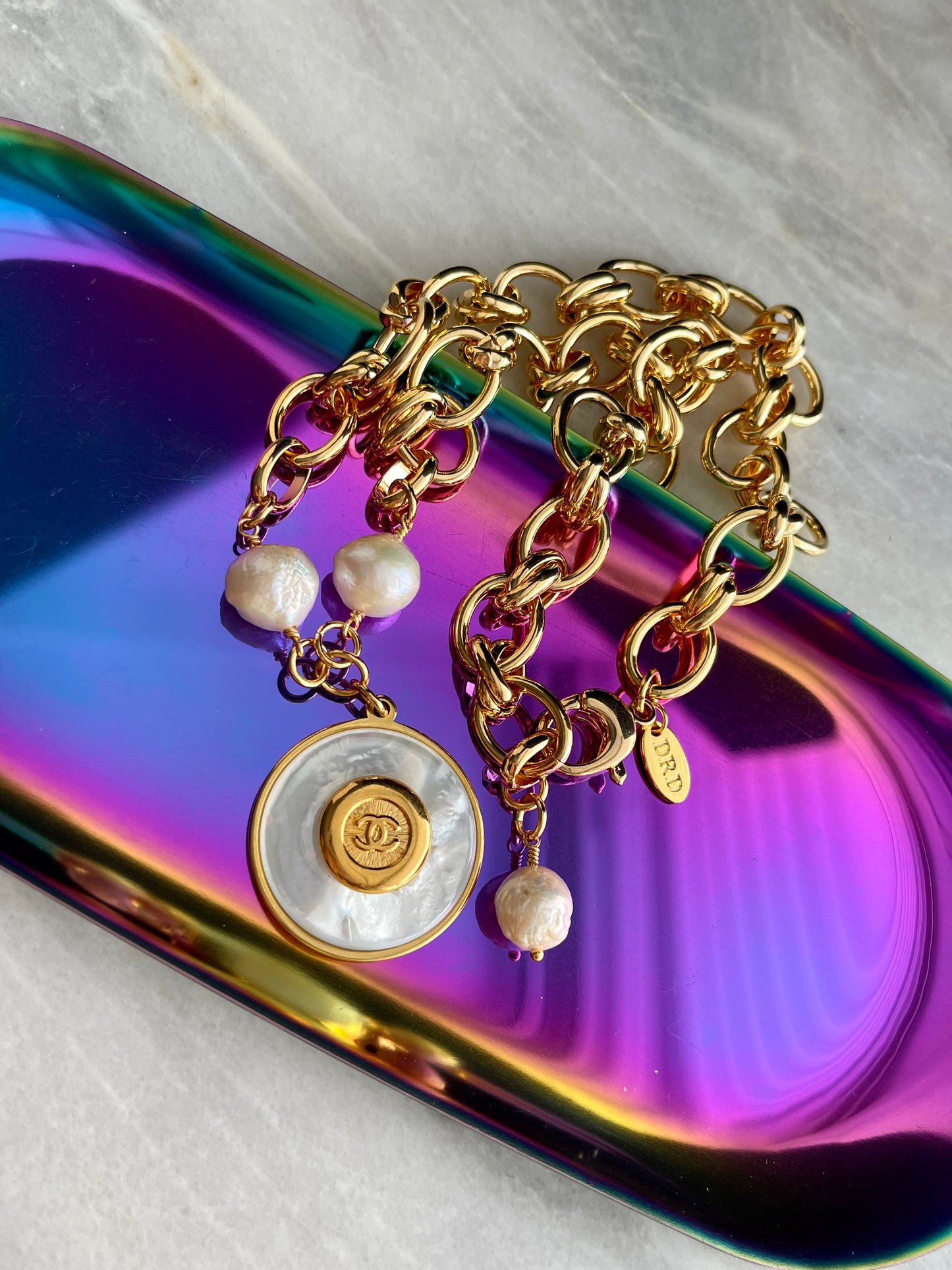 Unique MOTHER OF PEARL One of a kind square pearls and Authentic Reworked button necklace