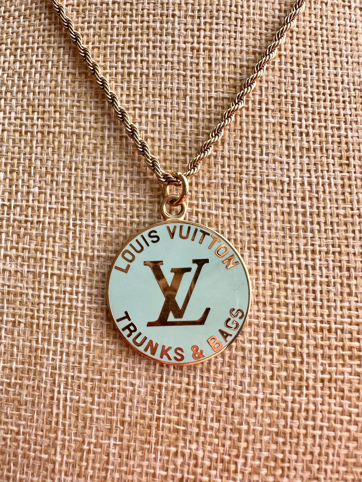 Pale teal Louis Vuitton TRUNK Authentic gold reworked Louis Vuitton Necklace - VERY rare!