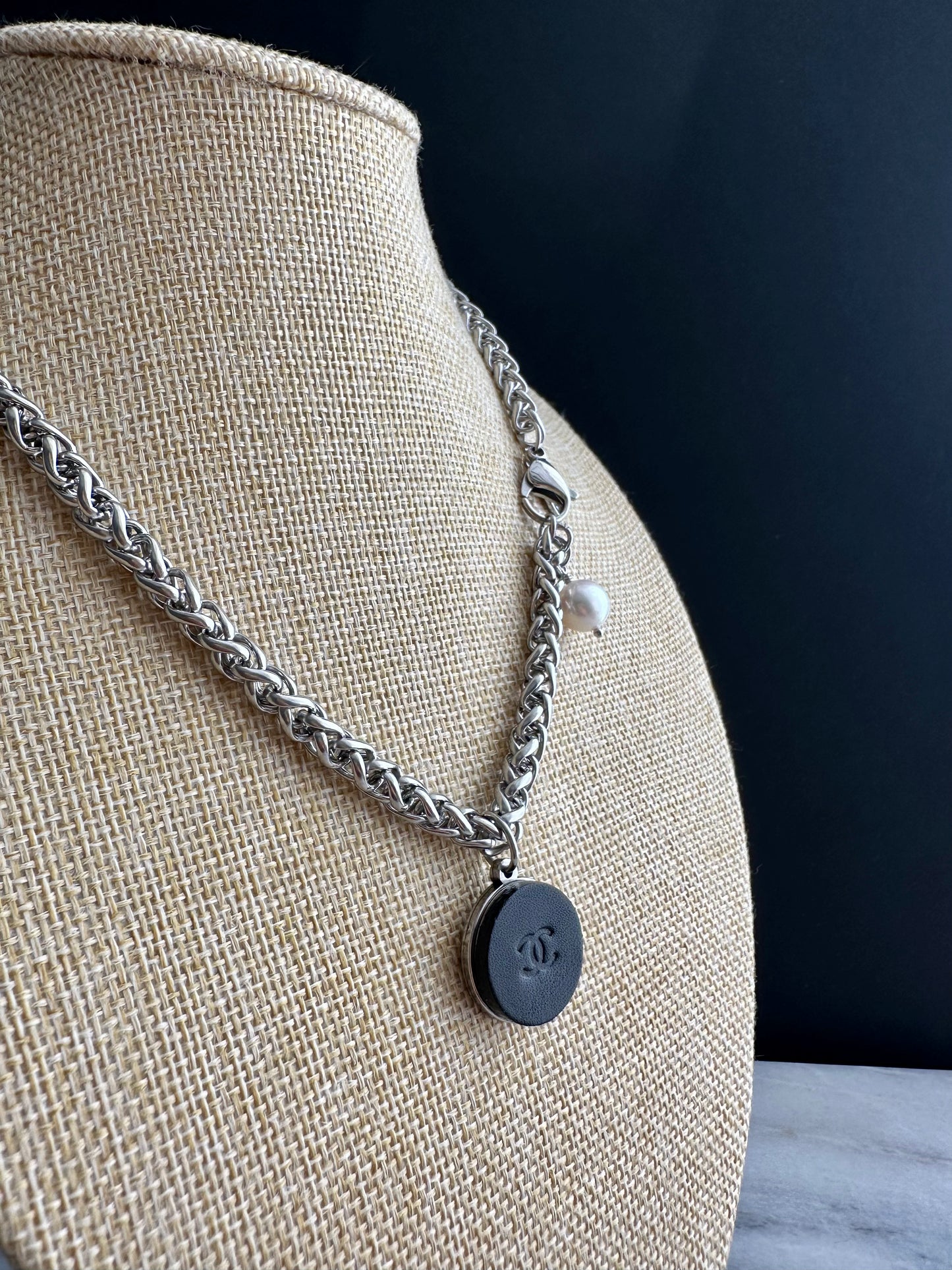 🖤 LEATHER Reworked Authentic silver and black enamel button necklace