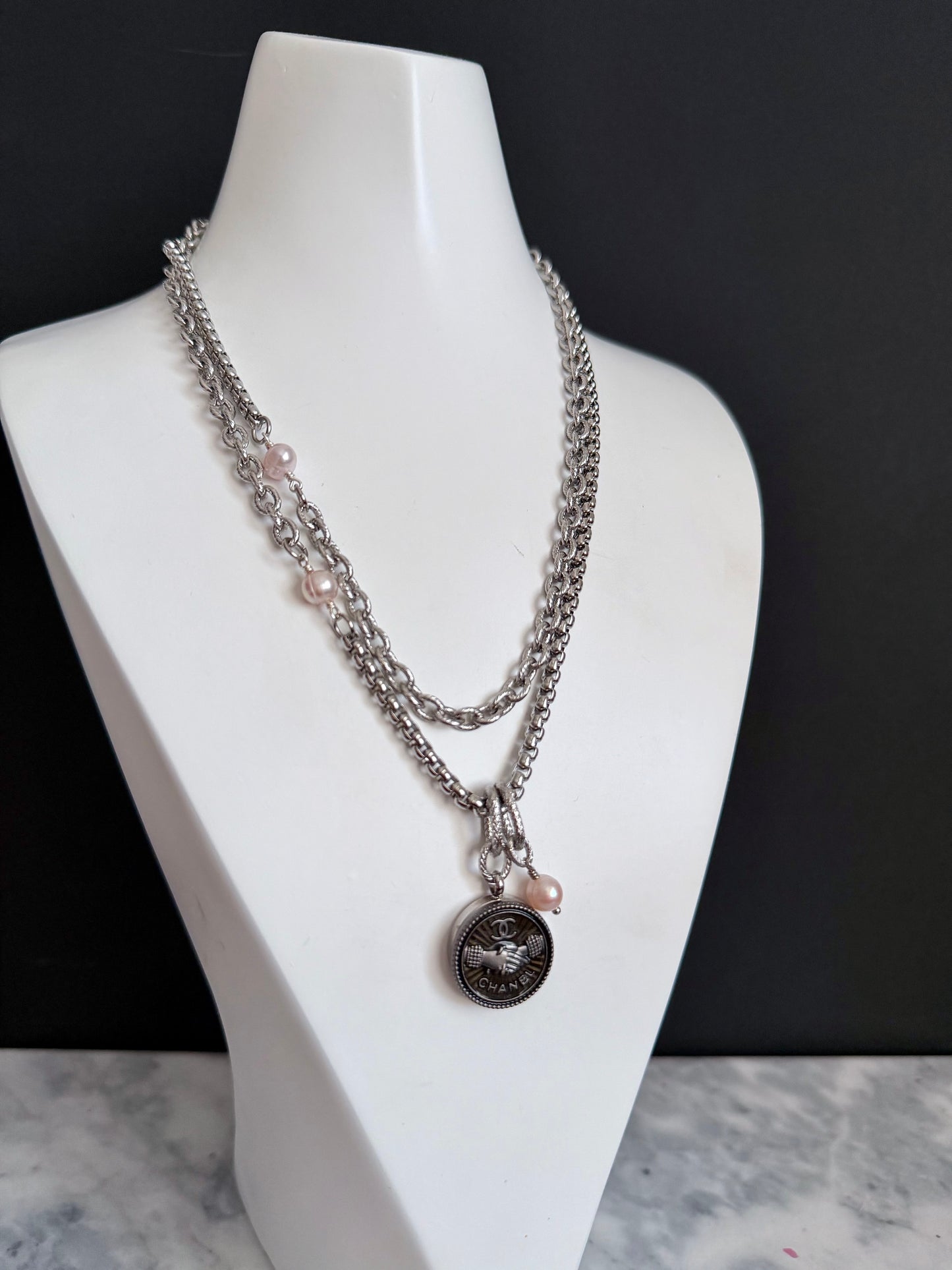 ✨ ONE OF A KIND - Authentic Reworked silver Button Double wrap Necklace