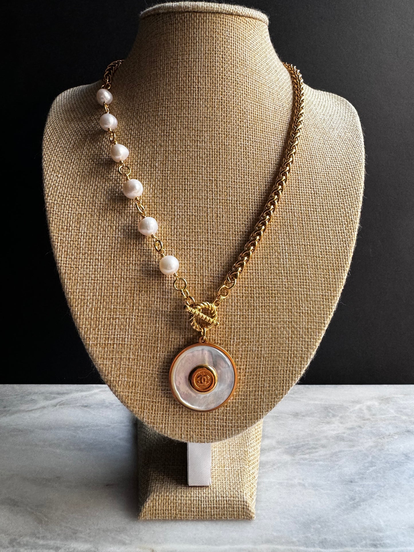 SUPER RARE Large MOTHER OF PEARL and Vintage Authentic reworked Gold button Necklace