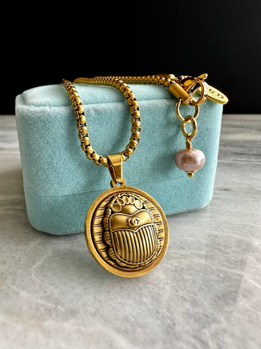 Vintage Authentic reworked Gold scarab beetle button Necklace